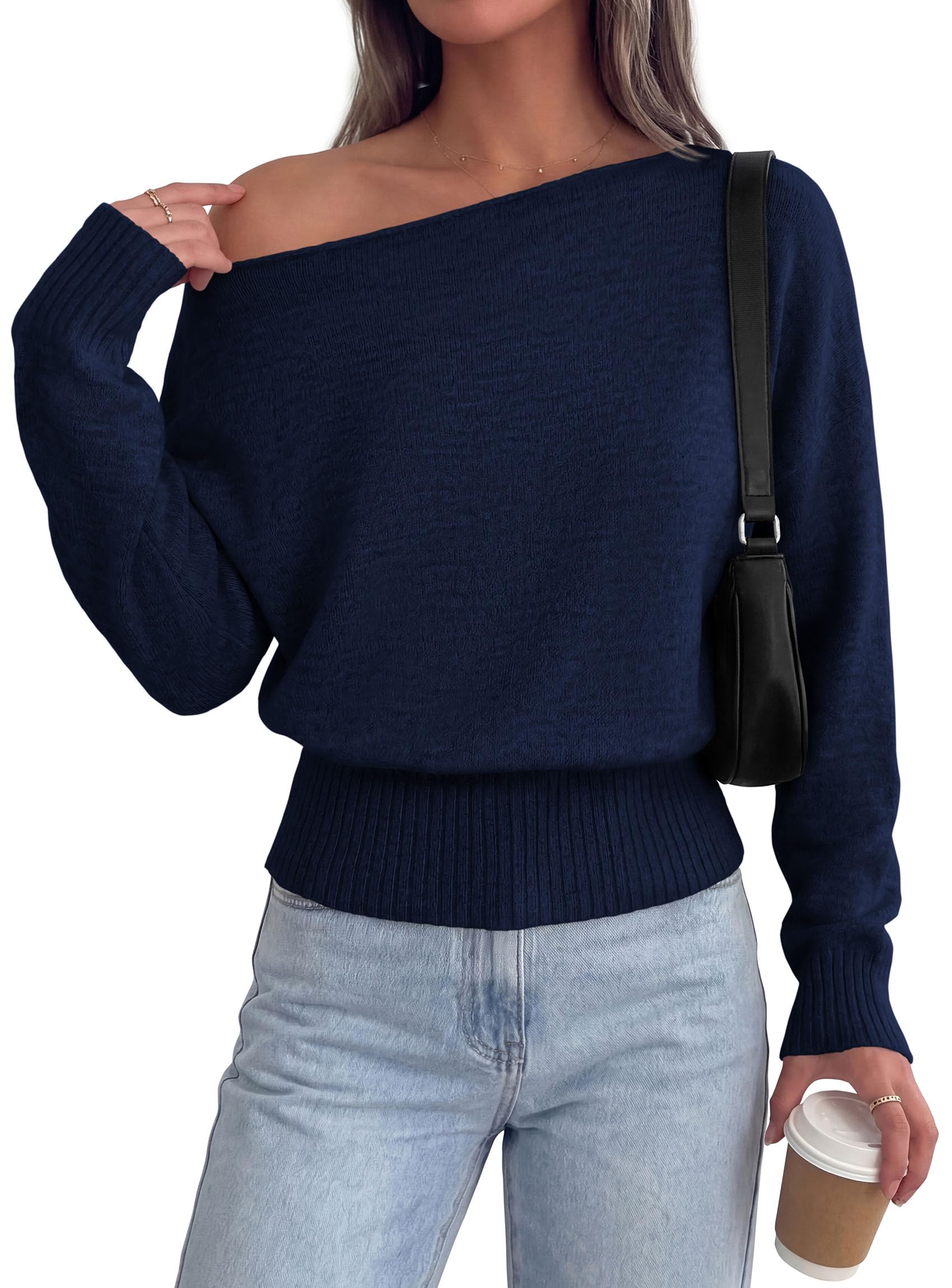PRETTYGARDEN Womens Off The Shoulder Sweater Fall Fashion Soft Stretchy Knit Fabric, Batwing Long Sleeve Cinched Waist Cropped Sweaters, Date Night Outfit, Asymmetrical Going Out Tops