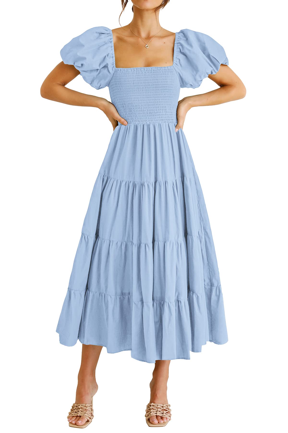 PRETTYGARDEN Women's Casual Summer Midi Dress Puffy Short Sleeve Square Neck Smocked Tiered Ruffle Dresses