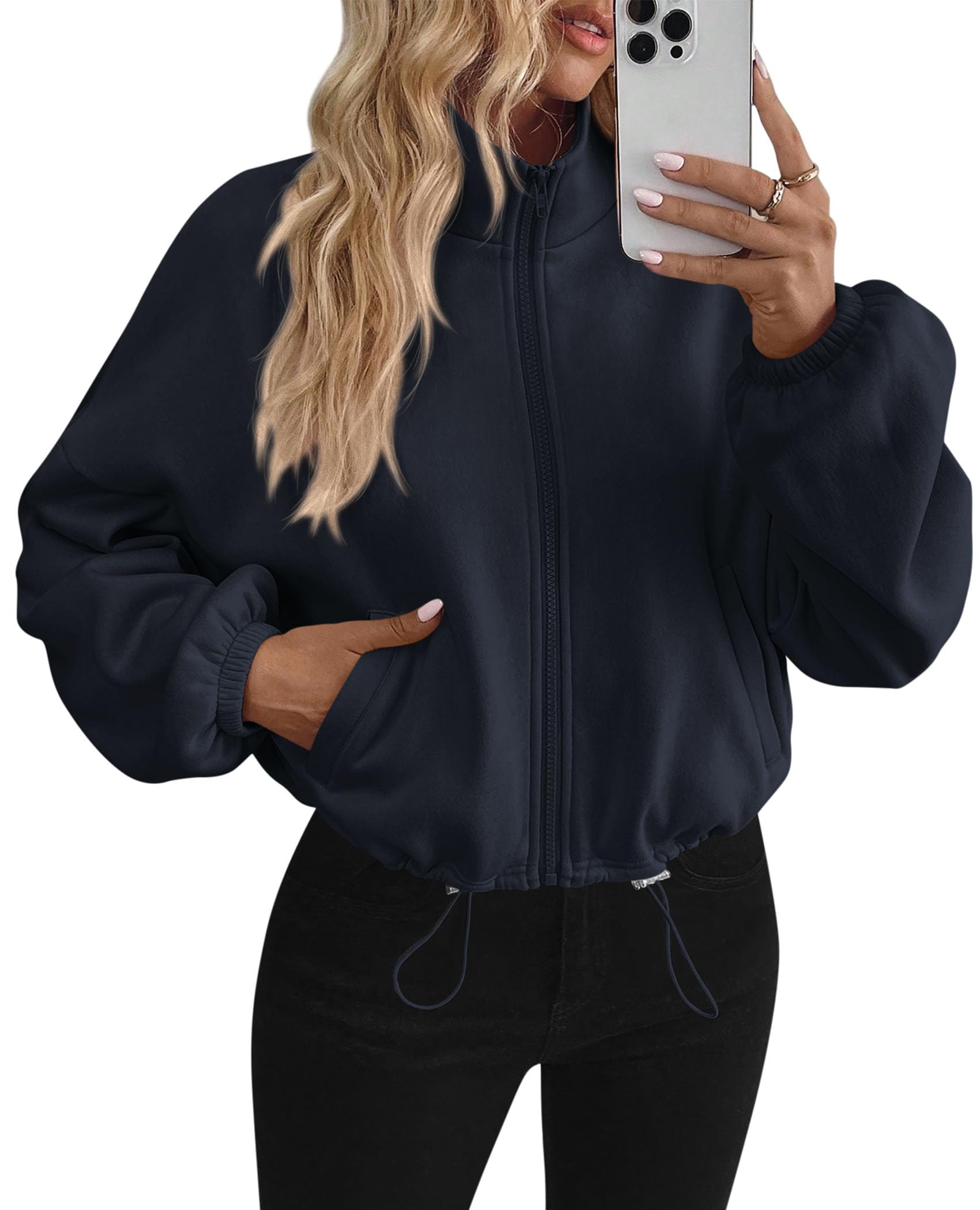 PRETTYGARDEN Womens Zip Up Fleece Cropped Sweatshirt Jacket Oversized Loose Soft Stand Collar with Drawstring Hem, Long Sleeve Casual Coat With Pockets, Fall Outfits Winter Clothing
