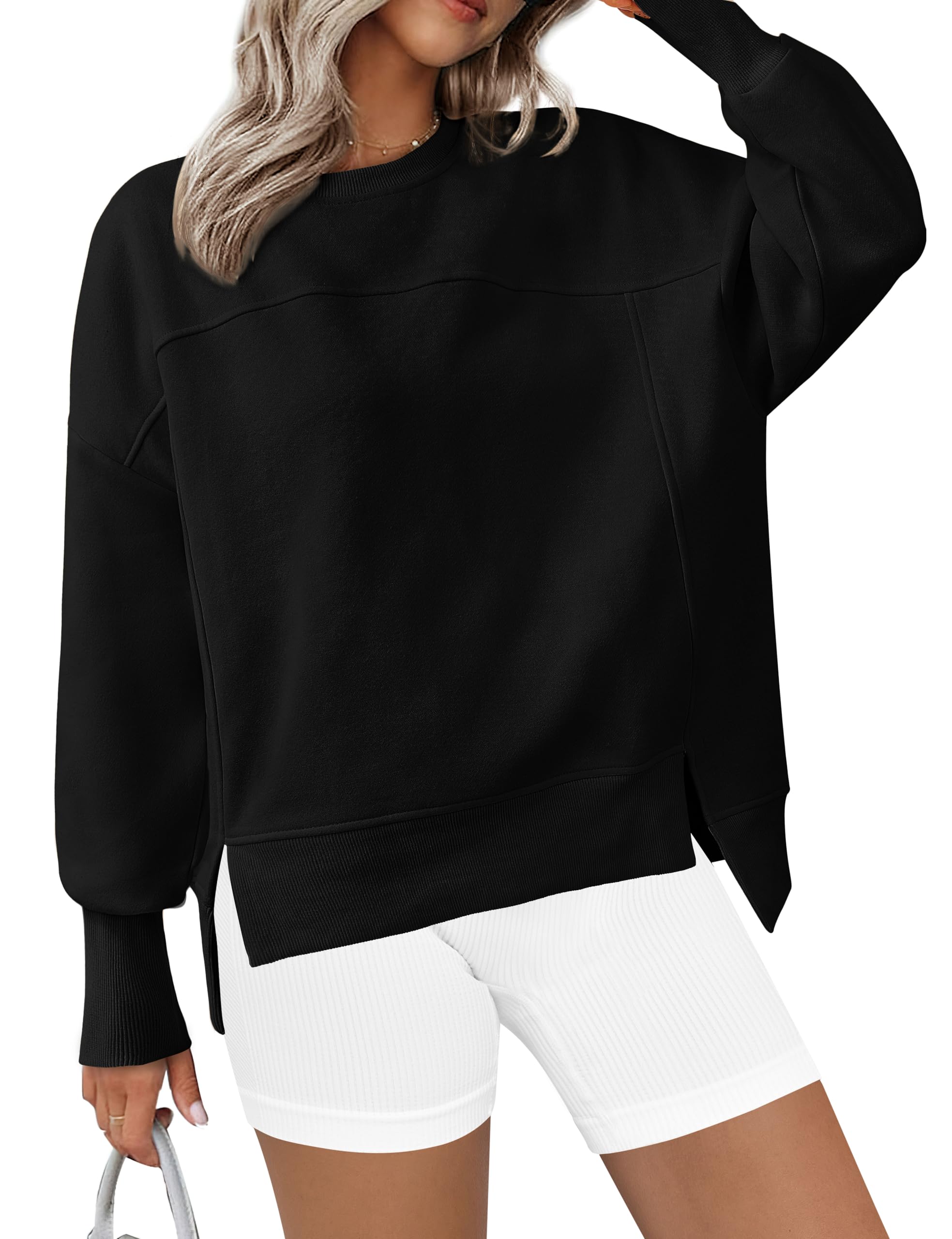 BTFBM Women's Casual Crewneck Sweatshirts Spring Long Sleeve Side Slit Workout Fleece Pullover Top Fashion Clothing