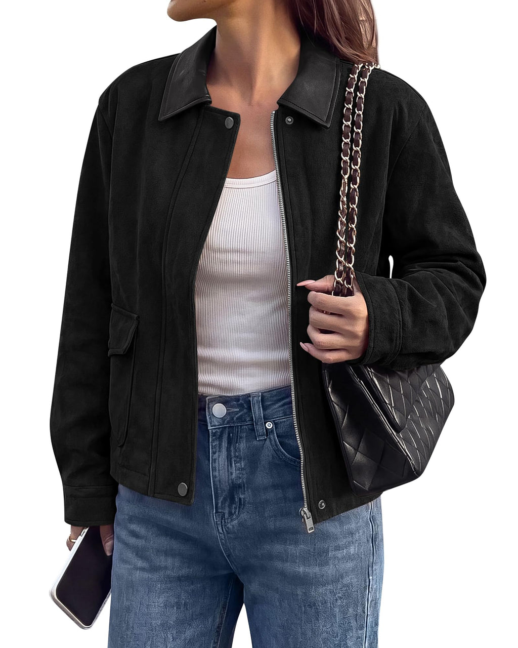 BTFBM Faux Suede Jacket Women Leather Lapel Zip Up Fall Outfits Button Down Long Sleeve Outerwear With Flap Pockets, Early Winter Coats, Motorcycle Jackets, Western Country Concert Outfits