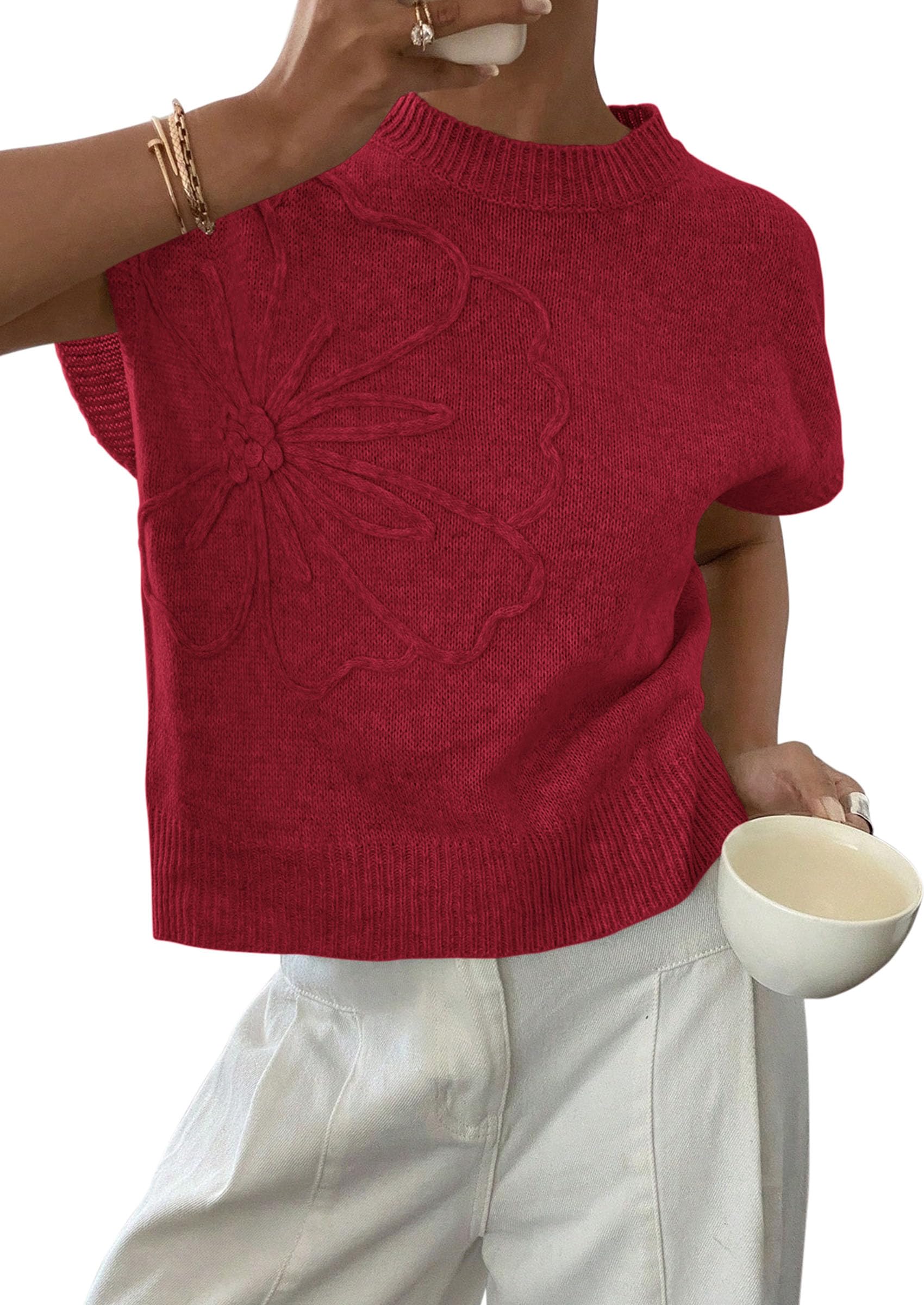 PRETTYGARDEN Women's Spring Sweater Vest Trendy Flower Knit Short Sleeve Cute Pullover Tank Tops Summer Fashion Clothing