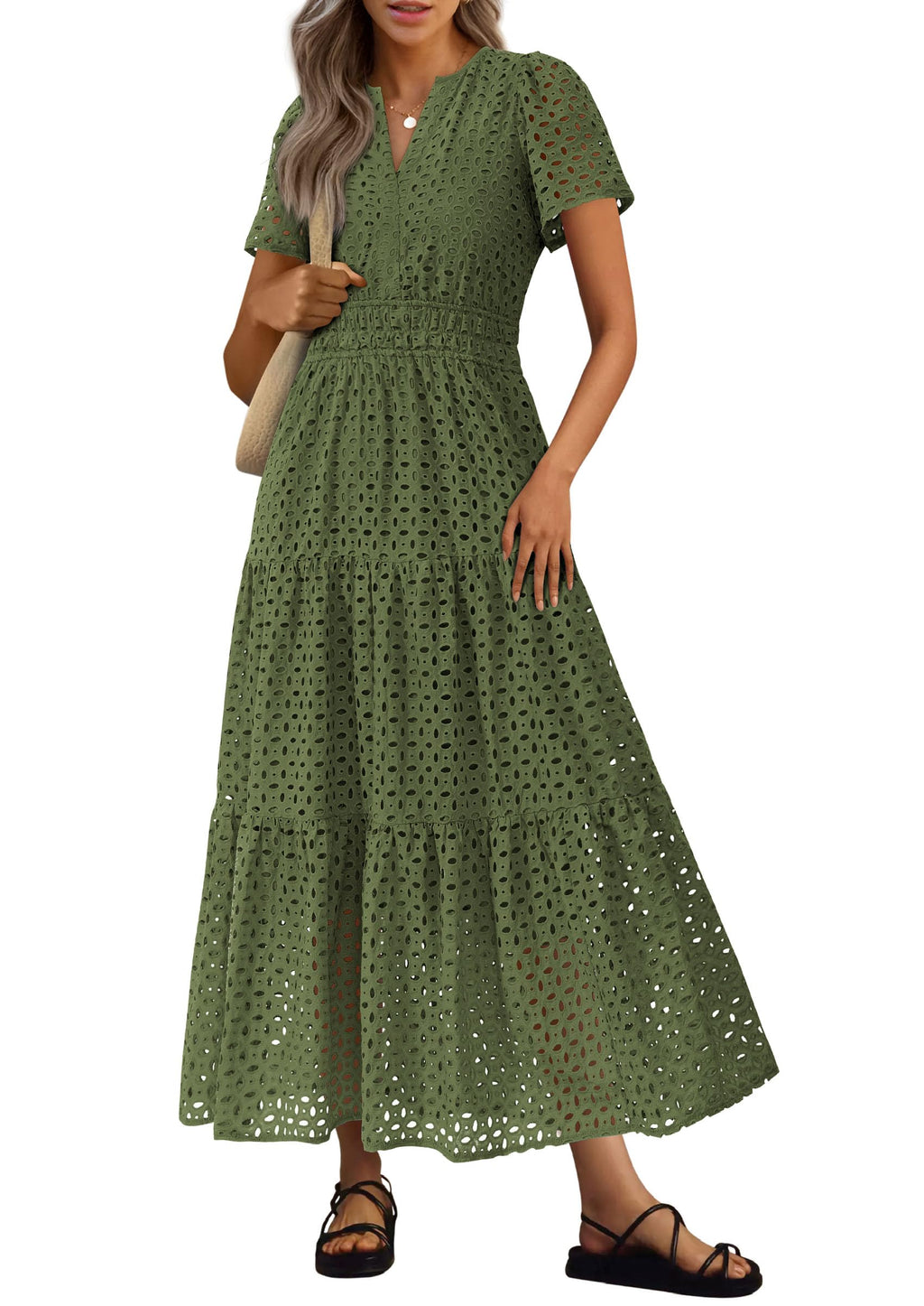 PRETTYGARDEN Womens Summer Maxi Dress Short Sleeve V Neck Hollow Out Eyelet A Line Long Flowy Beach Vacation Dresses