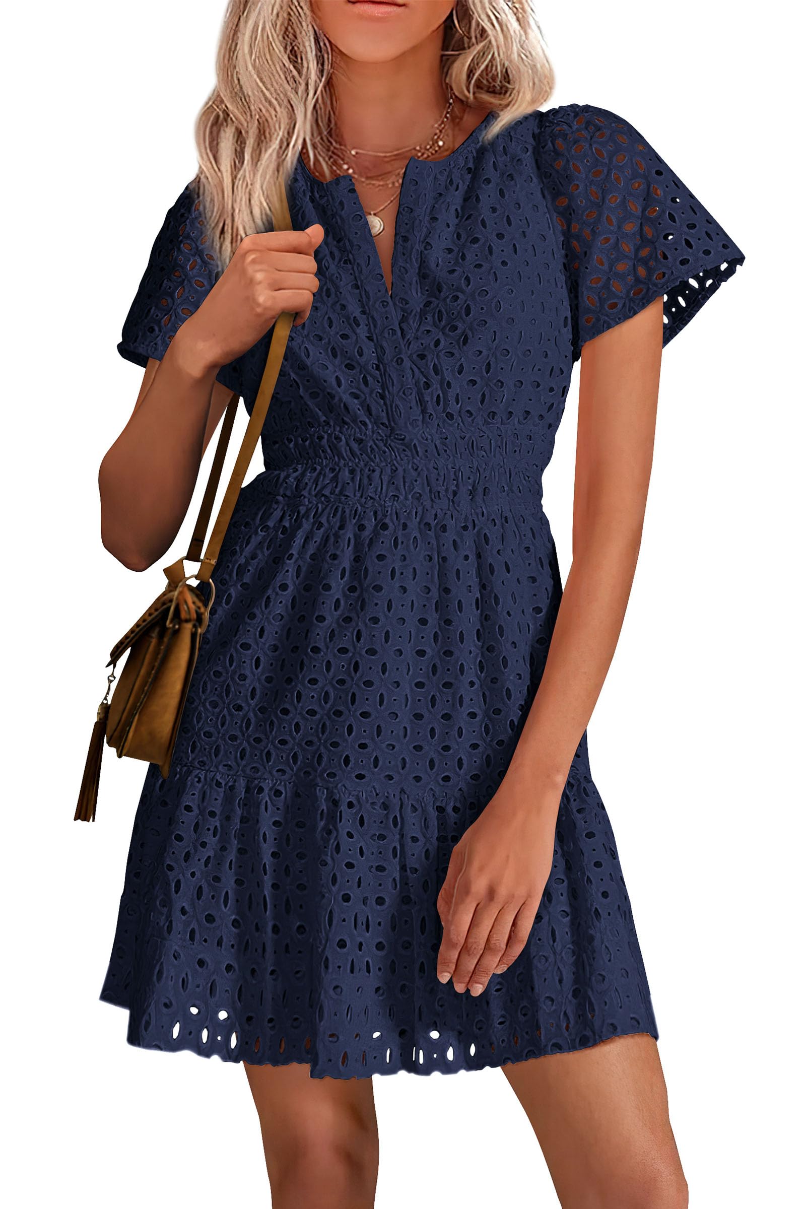 PRETTYGARDEN Womens Summer Short Dress V Neck Short Sleeve A Line Hollow Out Lace Ruffle Cute Casual Beach Party Dresses