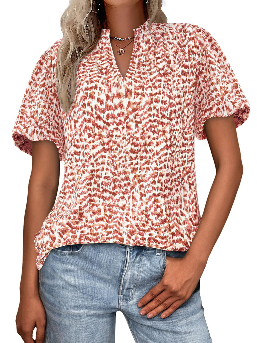 PRETTYGARDEN Boho Short Sleeve Floral Work Blouses for Women Dressy Casual V Neck Puff Sleeve Loose Chiffon Flowy Tops Shirts