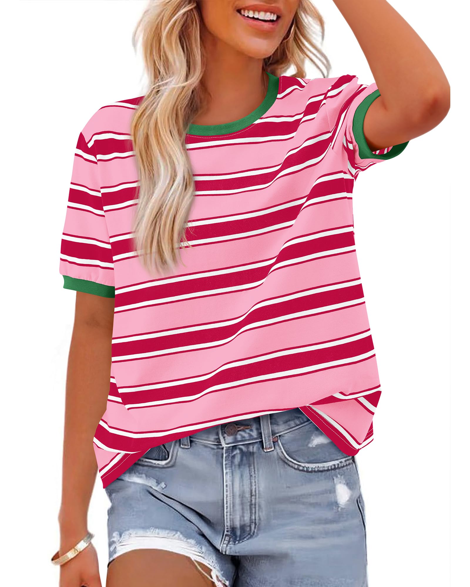 BTFBM Summer Tops for Women Crewneck Short Sleeve Striped T Shirts Casual Spring Clothes Color Block Basic Tee Blouses