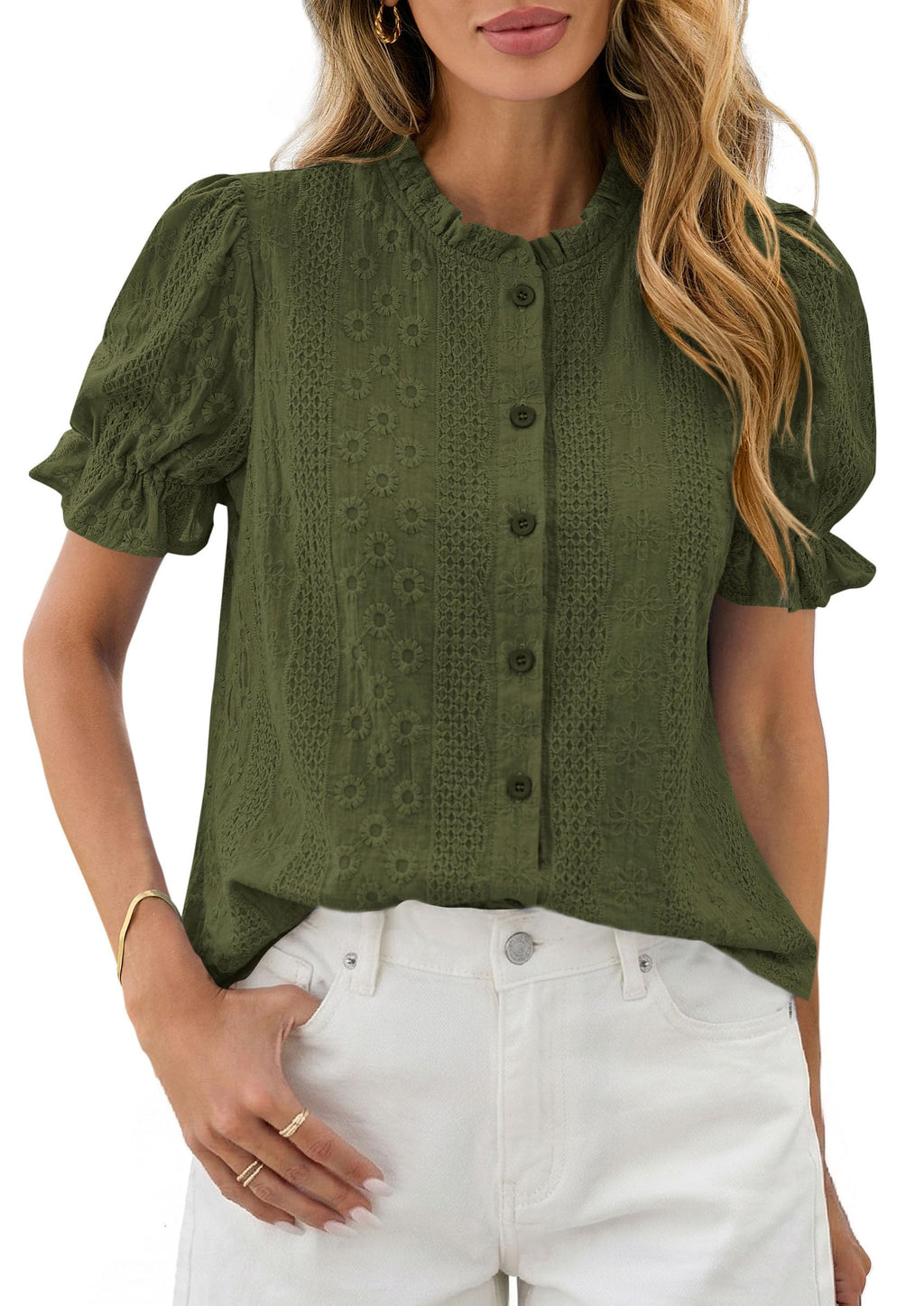 PRETTYGARDEN Womens Puff Short Sleeve Tops  Summer Spring Button Down Boho Embroidered Cute Blouse Dressy Casual Shirts