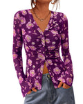 FreshPretty Button Down Shirts for Women Fall Fashion V Neck Long Sleeve Blouse Ruched Mesh Fitted Floral Print Boho Tops