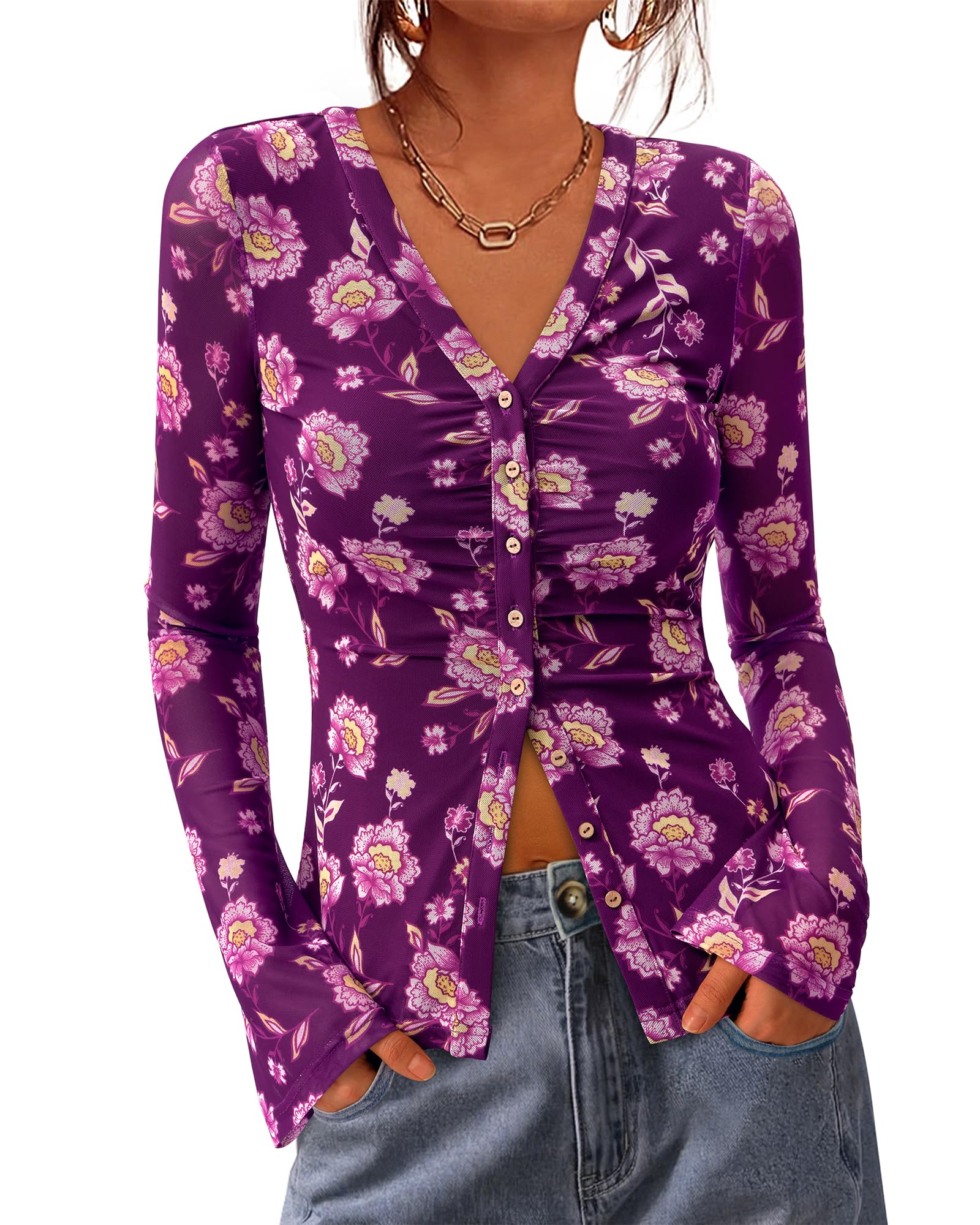 FreshPretty Button Down Shirts for Women Fall Fashion V Neck Long Sleeve Blouse Ruched Mesh Fitted Floral Print Boho Tops