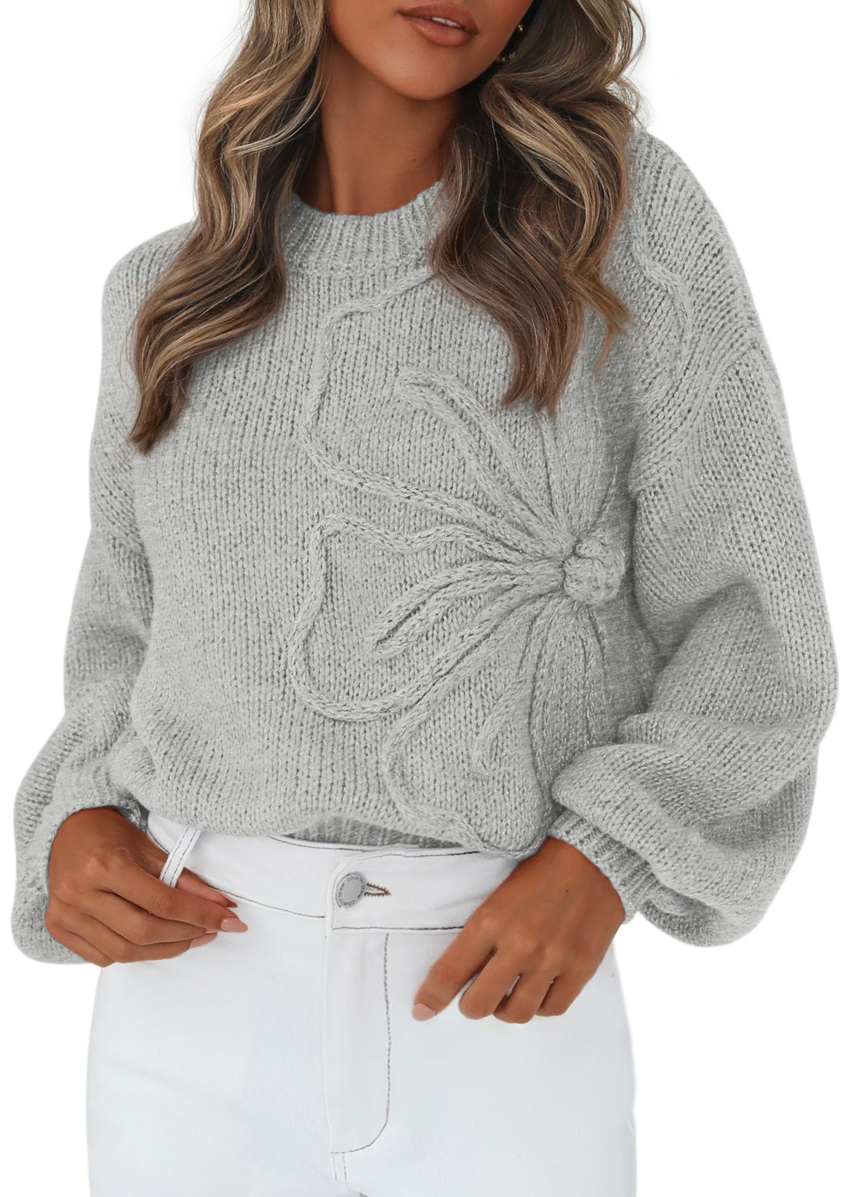 PRETTYGARDEN Womens Sweaters  Fall Fashion Long Sleeve Crewneck Floral Knit Pullover Sweater Tops Winter Clothes
