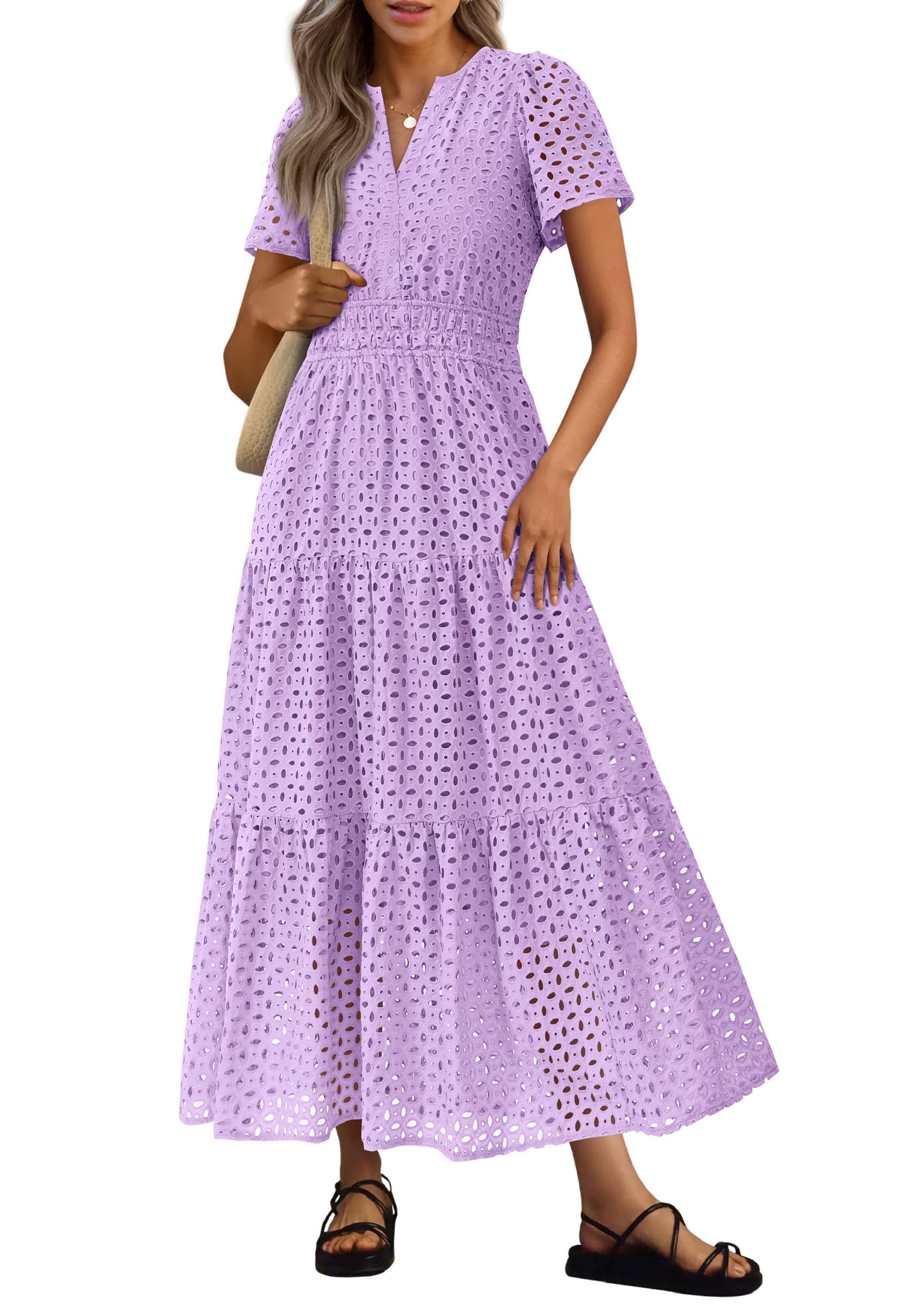 PRETTYGARDEN Womens Summer Maxi Dress Short Sleeve V Neck Hollow Out Eyelet A Line Long Flowy Beach Vacation Dresses