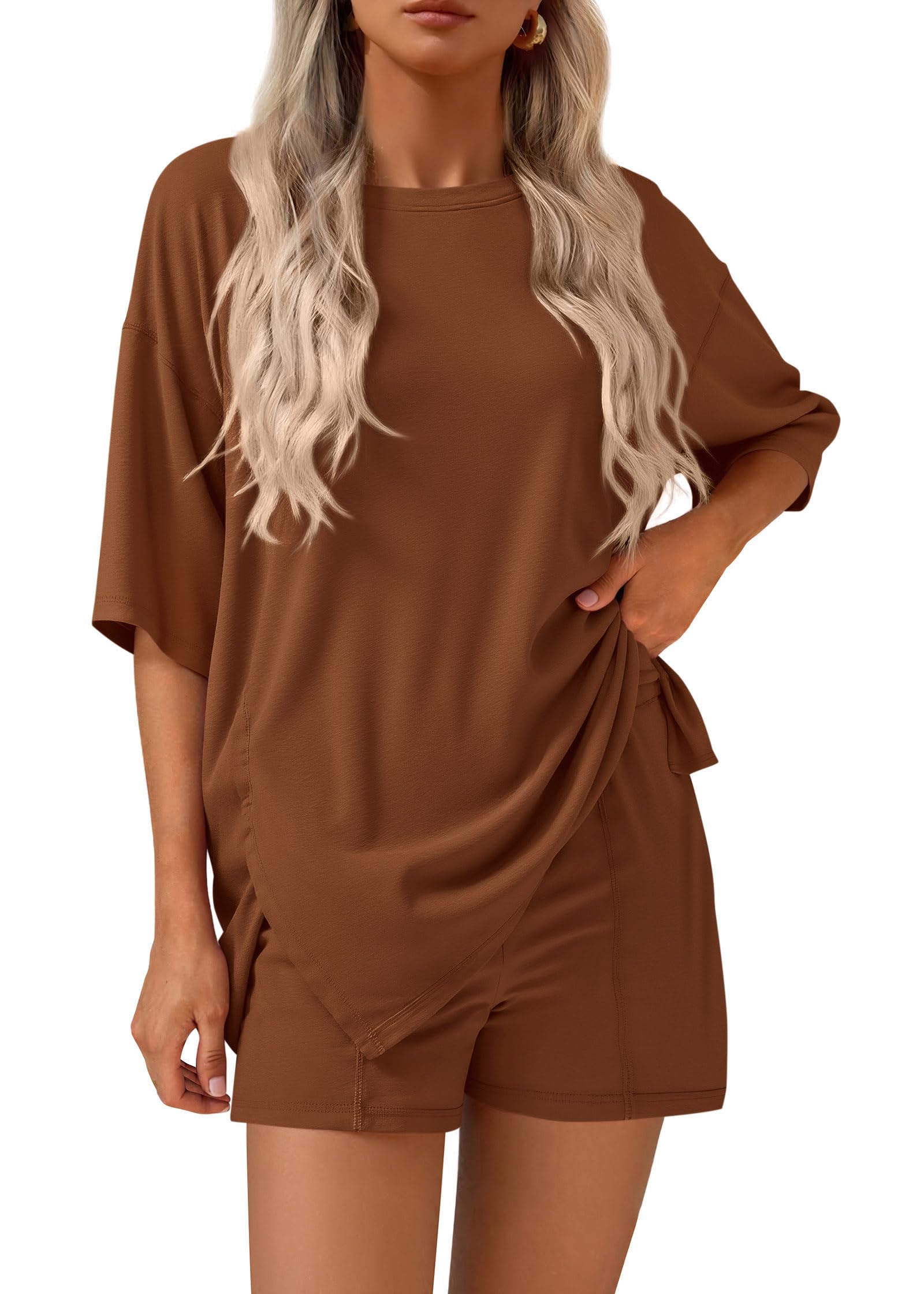 FreshPretty 2 Piece Sets for Women Summer Lounge Sets Casual Oversized Tshirts Shorts Matching Airport Travel Outfits Postpartum