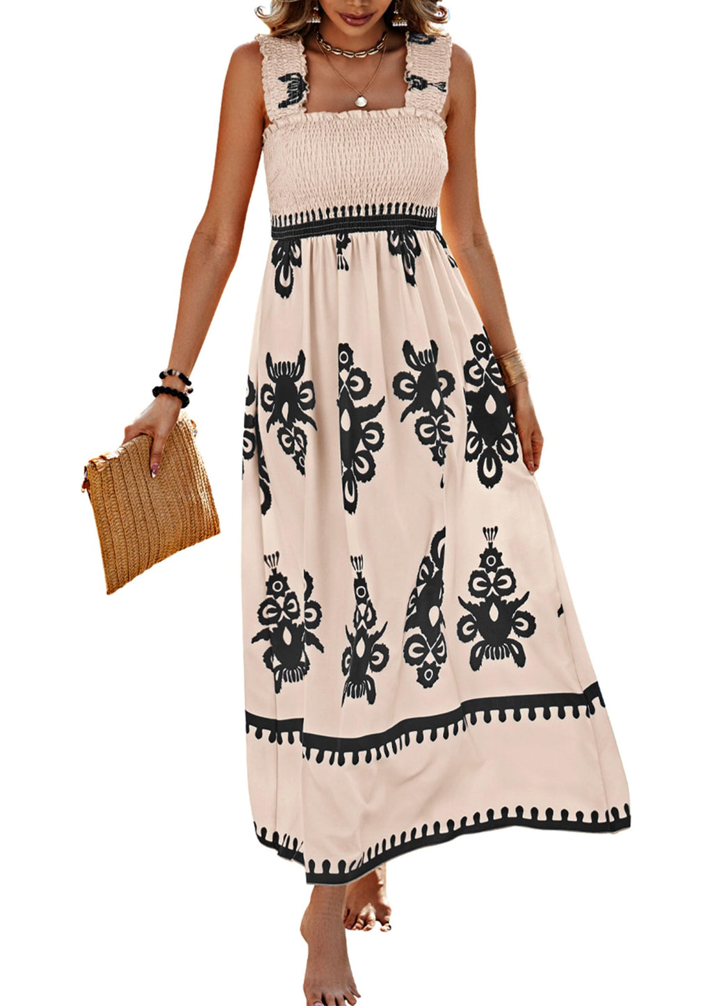 PRETTYGARDEN Womens Summer Boho Maxi Dress Casual Sleeveless Square Neck Floral Aline Smocked Beach Dresses with Pockets