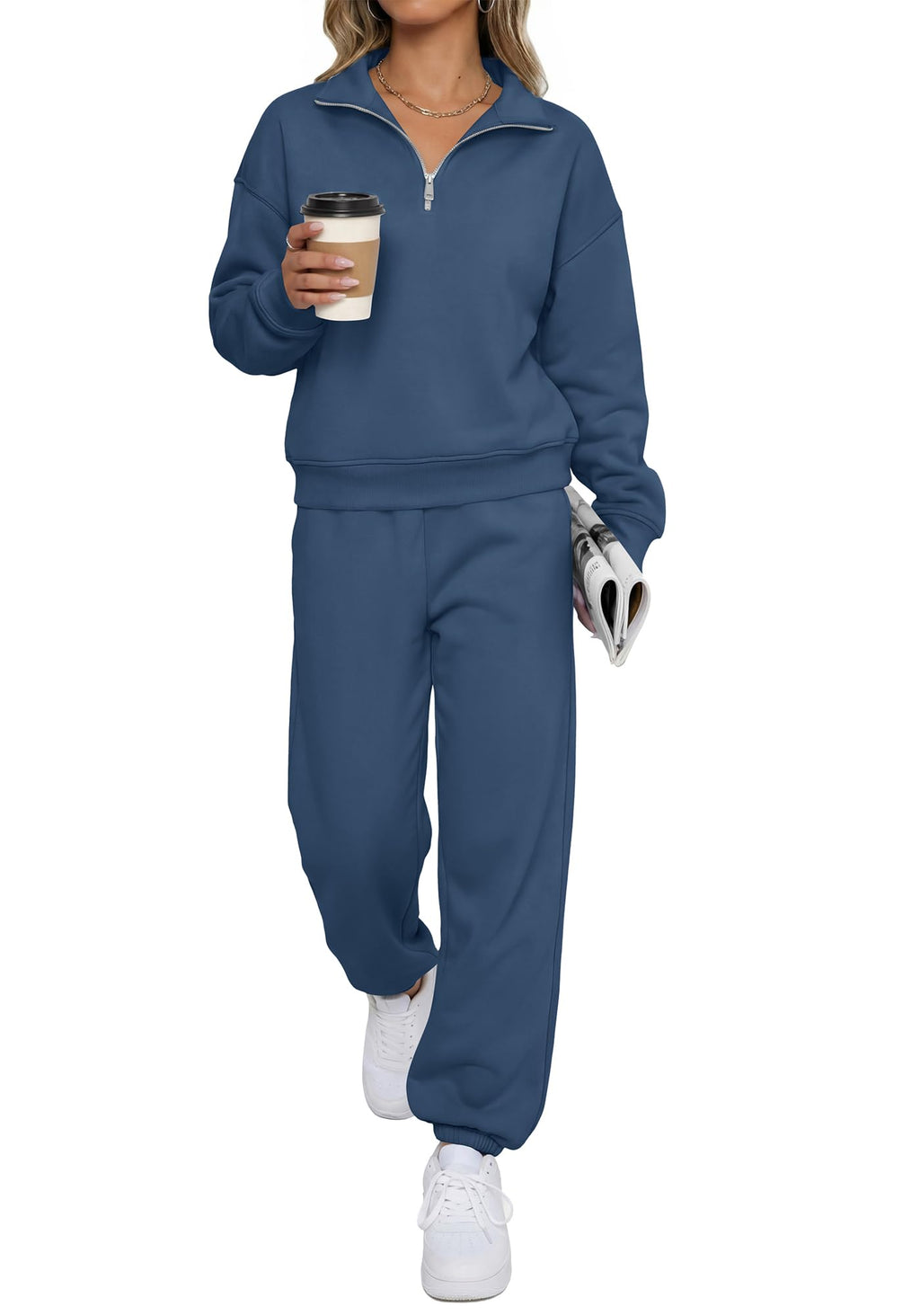 BTFBM Womens 2 Piece Outfits Sweatsuit Fleece Lounge Sets Quarter Zip Pullover Sweatshirt,Baggy Jogger Sweatpants,Fall Fashion Clothing,Airport Travel Matching Sweat Set