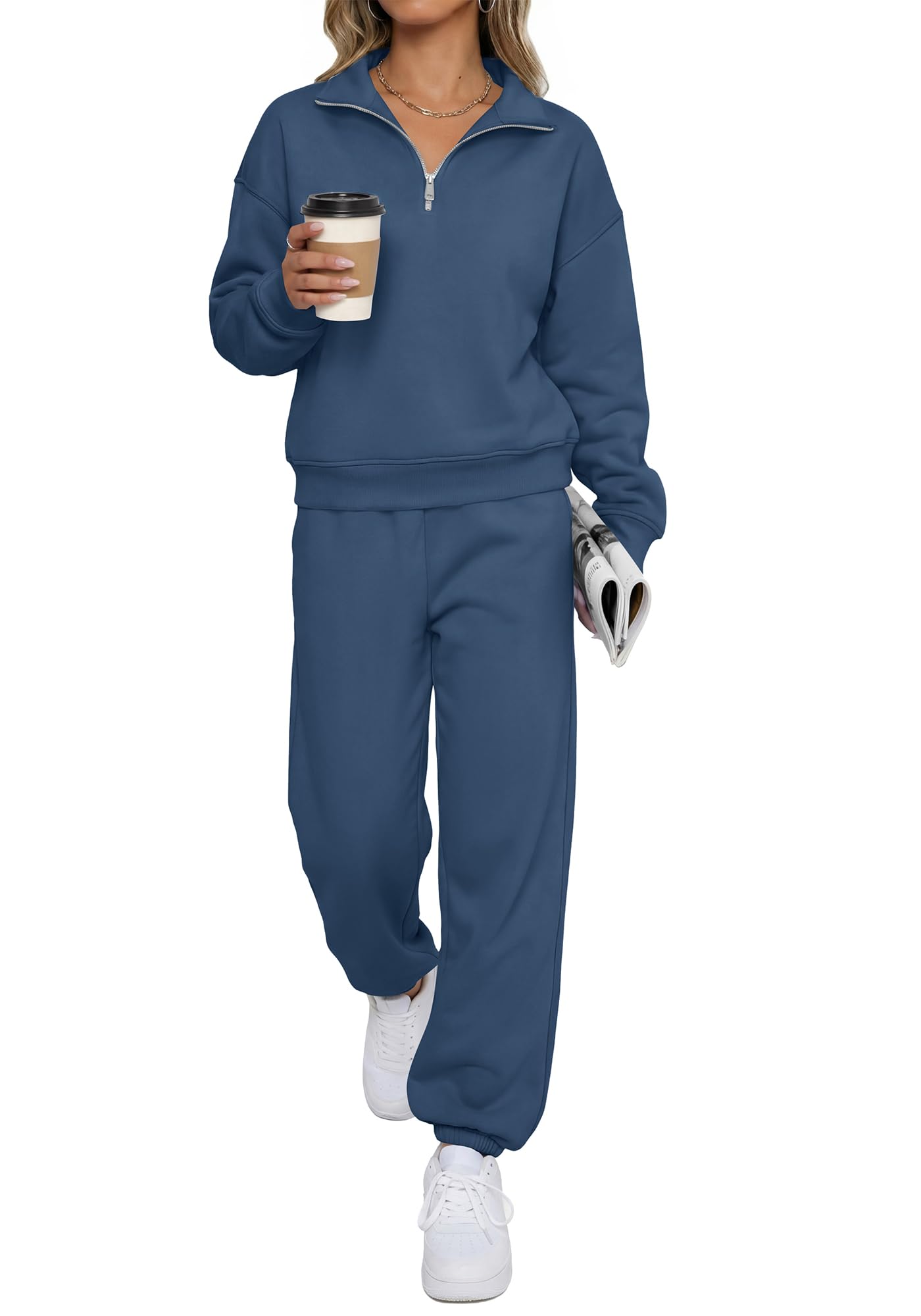 BTFBM Womens 2 Piece Outfits Sweatsuit Fleece Lounge Sets Quarter Zip Pullover Sweatshirt,Baggy Jogger Sweatpants,Fall Fashion Clothing,Airport Travel Matching Sweat Set