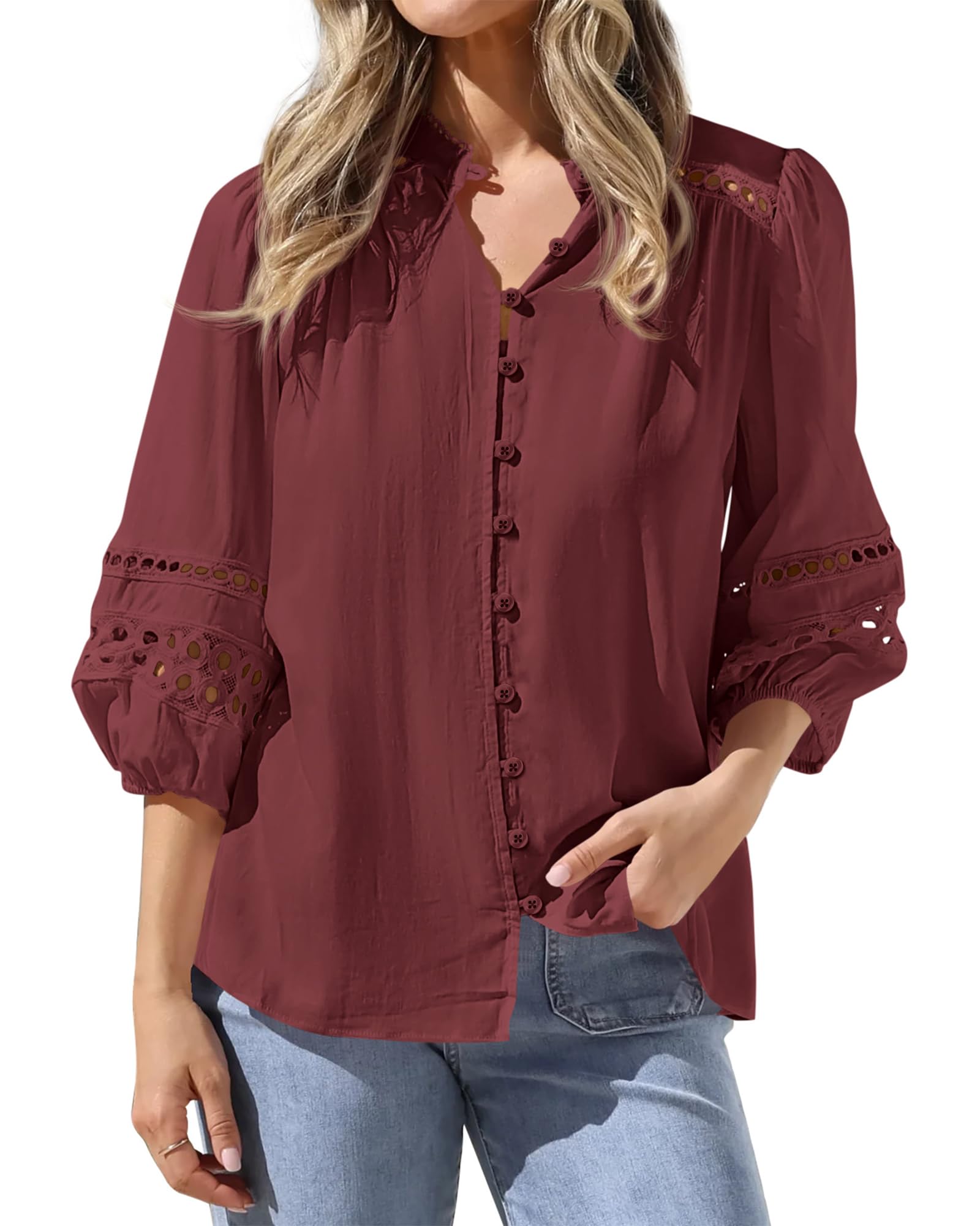 BTFBM 3/4 Length Sleeve Womens Tops Summer Blouses Eyelet Hollow Out Button Down Shirts Business Casual Outfits