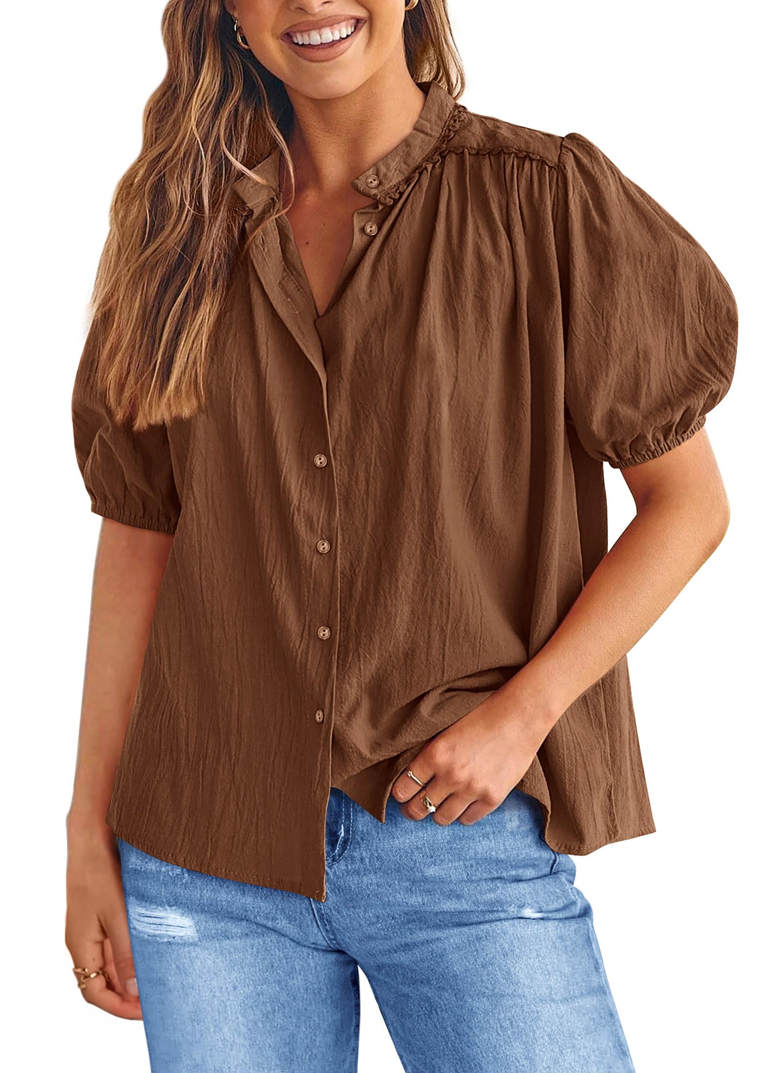 PRETTYGARDEN Women's Summer Button Down Shirts Short Lantern Sleeve V Neck Cotton Cute Dressy Casual Ladies Tops Blouses