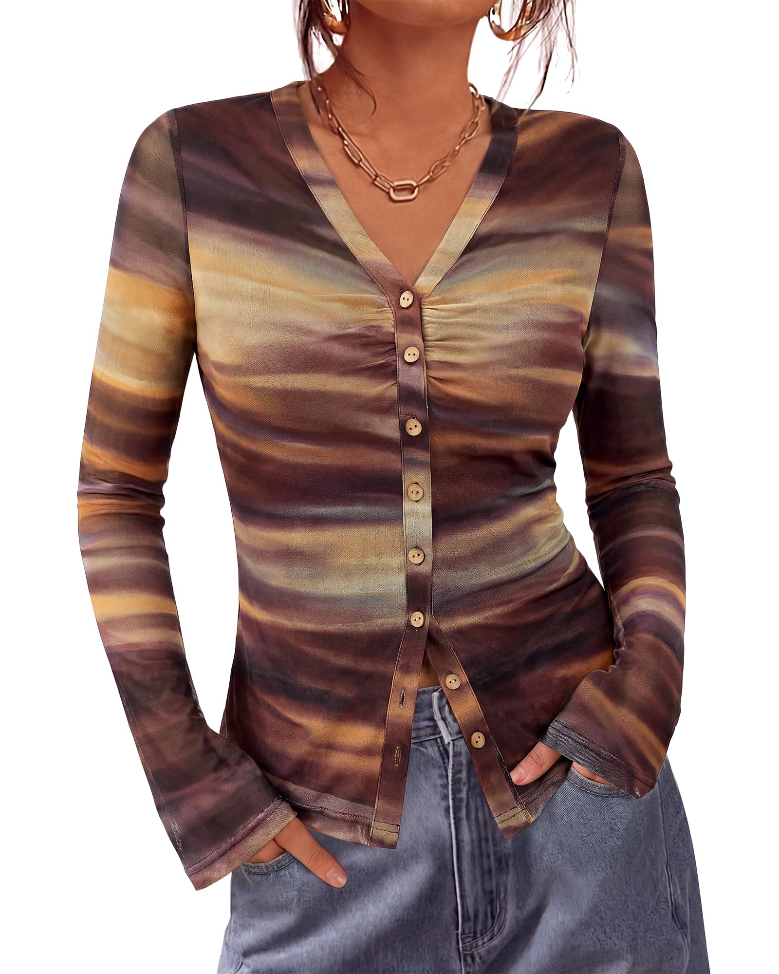 BTFBM Button Down Shirts for Women Spring Boho Tops V Neck Long Sleeve Blouses Ruched Mesh Fitted Fall Fashion