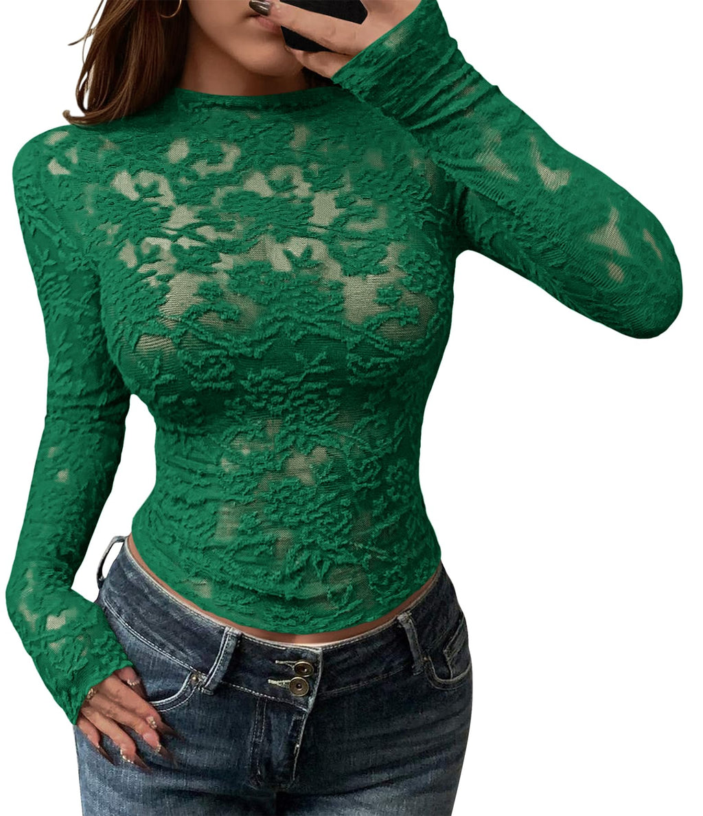 BTFBM Mesh Long Sleeve Tops for Women Lace Sheer Tight See Through Crew Neck Spring Fall Party Club Outfits