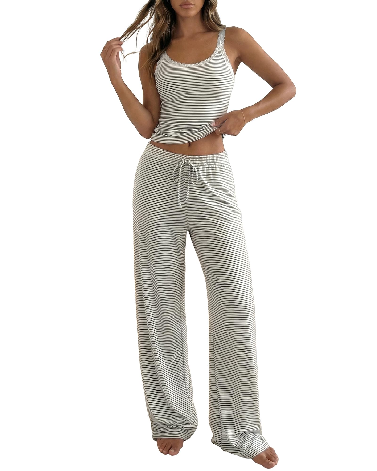 BTFBM Lounge Sets For Women Striped 2 Piece Pajama Sets Spaghetti Strap Tops Wide Leg Pants Beach Vacation Outfits
