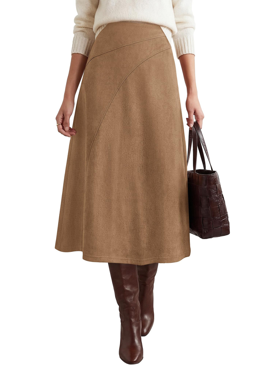 BTFBM Women Faux Suede Midi Long Skirt Fall Fashion | High Waisted Skirts For Women Trendy, Lightweight, Back Elastic, Arc Line Design, A-Line, Winter Dress, Boho Western Outfits