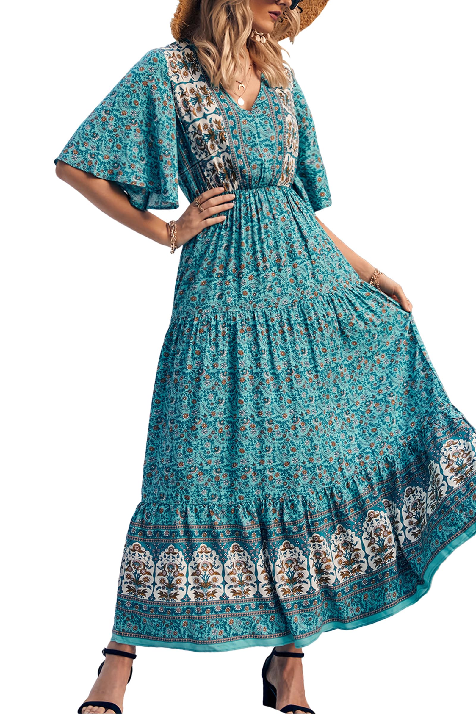 PRETTYGARDEN Women's Casual Summer Boho Floral Print Dress V Neck Short Sleeve High Waist Long Maxi Beach Dresses