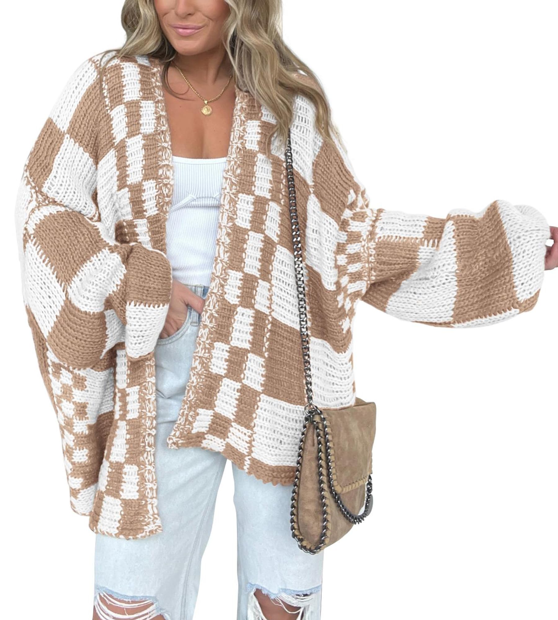 FreshPretty Casual Cardigan Sweater for Women Fall Long Sleeve Open Front Chunky Knit Sweaters Checkered Outwear Coat