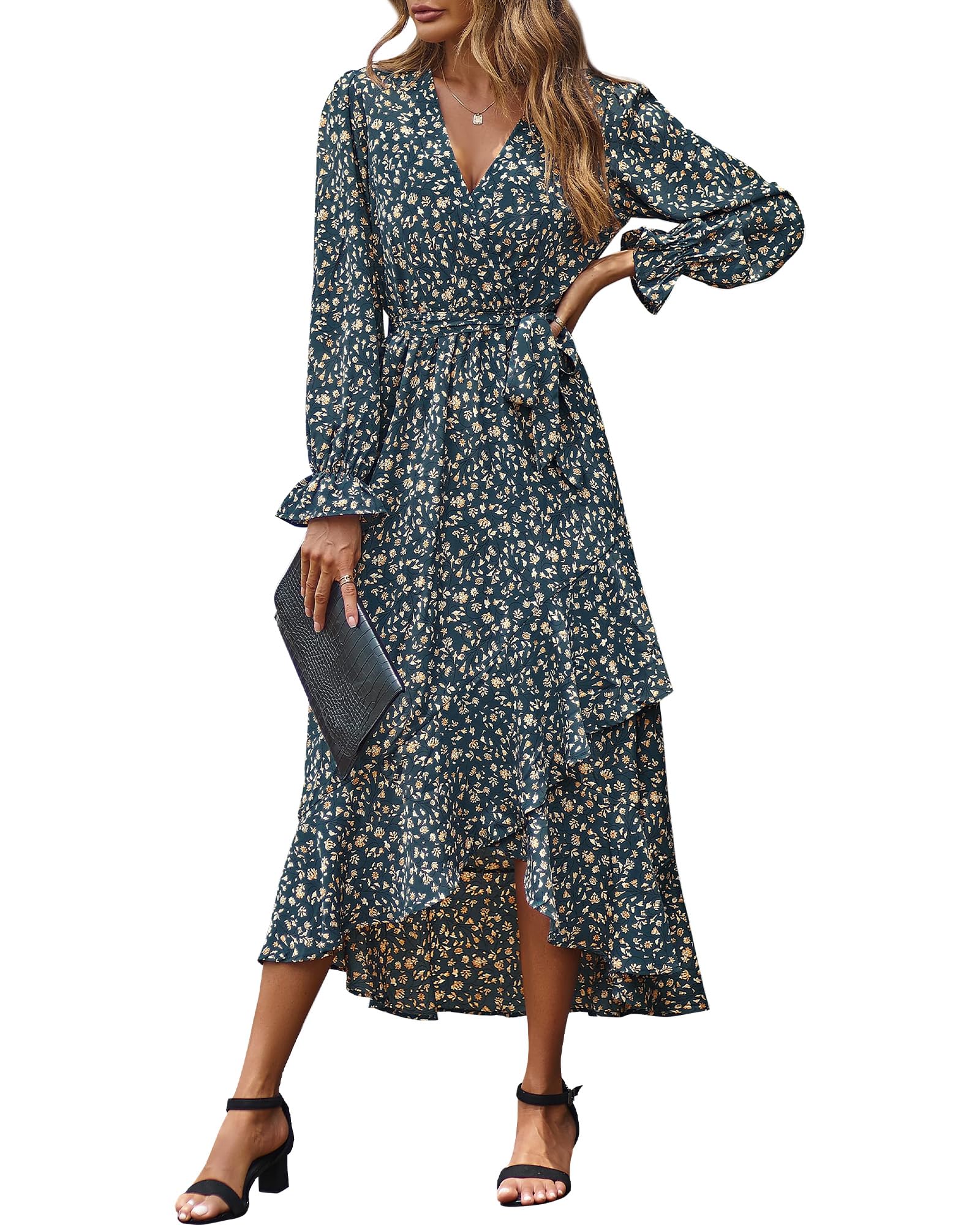 BTFBM Womens Dresses Summer V Neck Floral High Waist Ruffle Wedding Guest Cocktail Boho Spring Long Sleeve Dress
