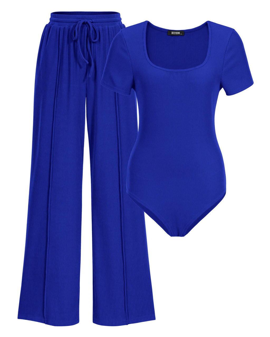 BTFBM Womens Summer 2 Piece Outfits Square Neck Short Sleeve Drawstring Pants Knit Spring Lounge Matching Sets