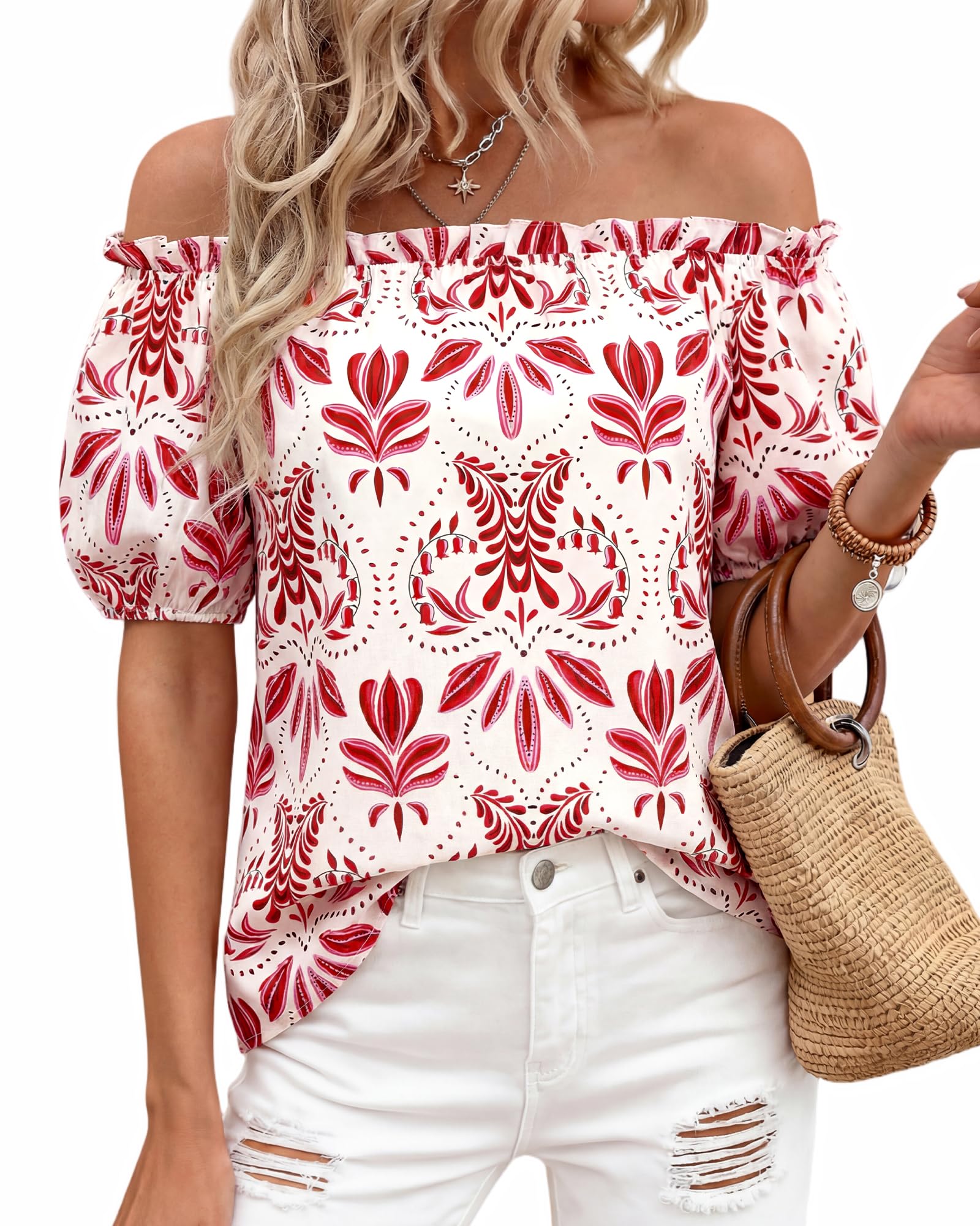 BTFBM Off The Shoulder Spring Tops for Women Summer Blouses Boho Floral Short Sleeve Shirts Dressy Casual Outfits