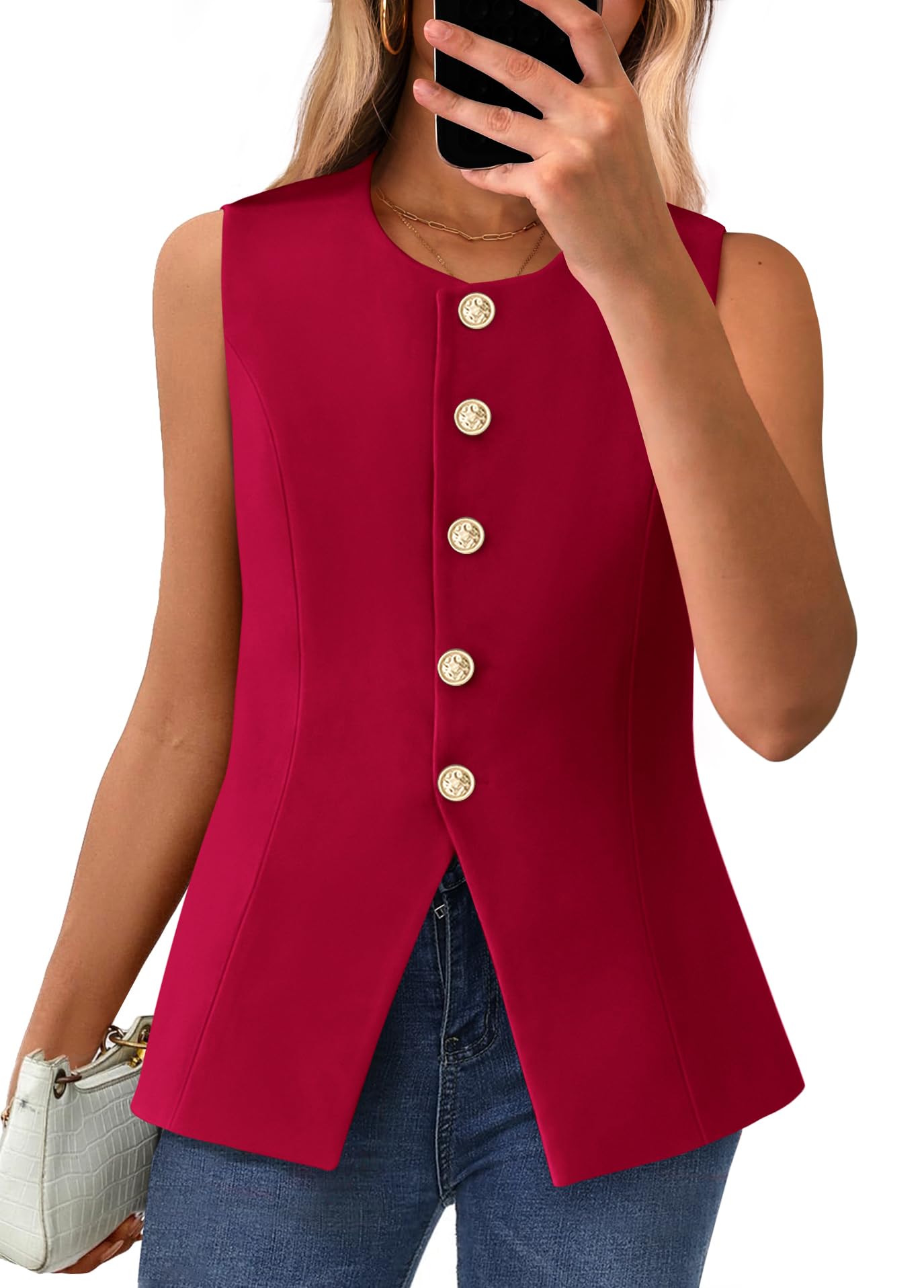 BTFBM Summer Sleeveless Blazer Vest For Women Dressy Button Down Round Neck Business Casual Outfits Work Suit Vests Tops