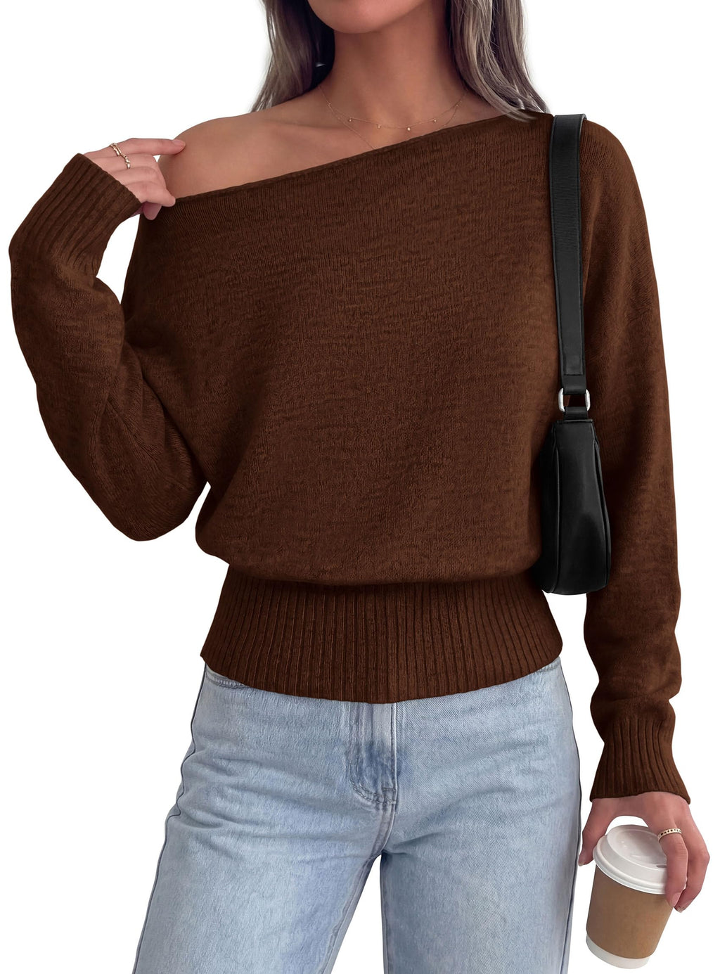 PRETTYGARDEN Womens Off The Shoulder Sweater Fall Fashion Soft Stretchy Knit Fabric, Batwing Long Sleeve Cinched Waist Cropped Sweaters, Date Night Outfit, Asymmetrical Going Out Tops