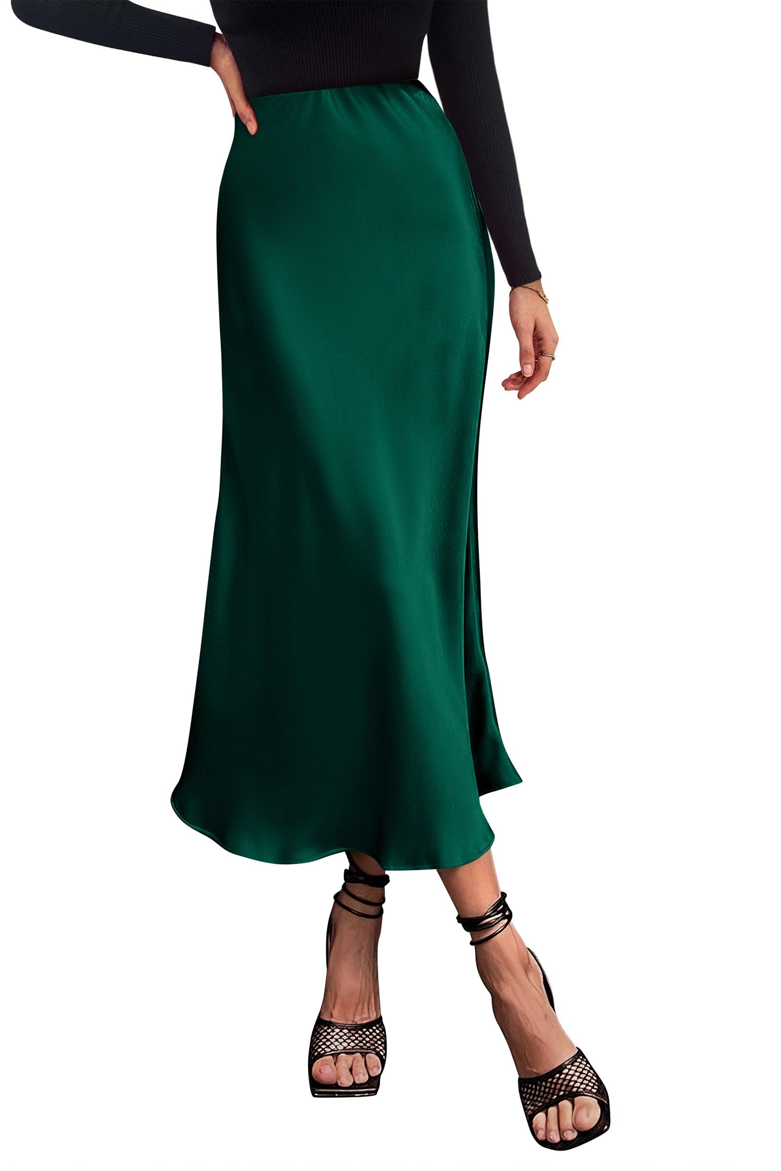 PRETTYGARDEN Women's Satin Skirts Dressy Casual Fall High Waisted Cocktail Wedding Flowy Elegant A Line Midi Skirt