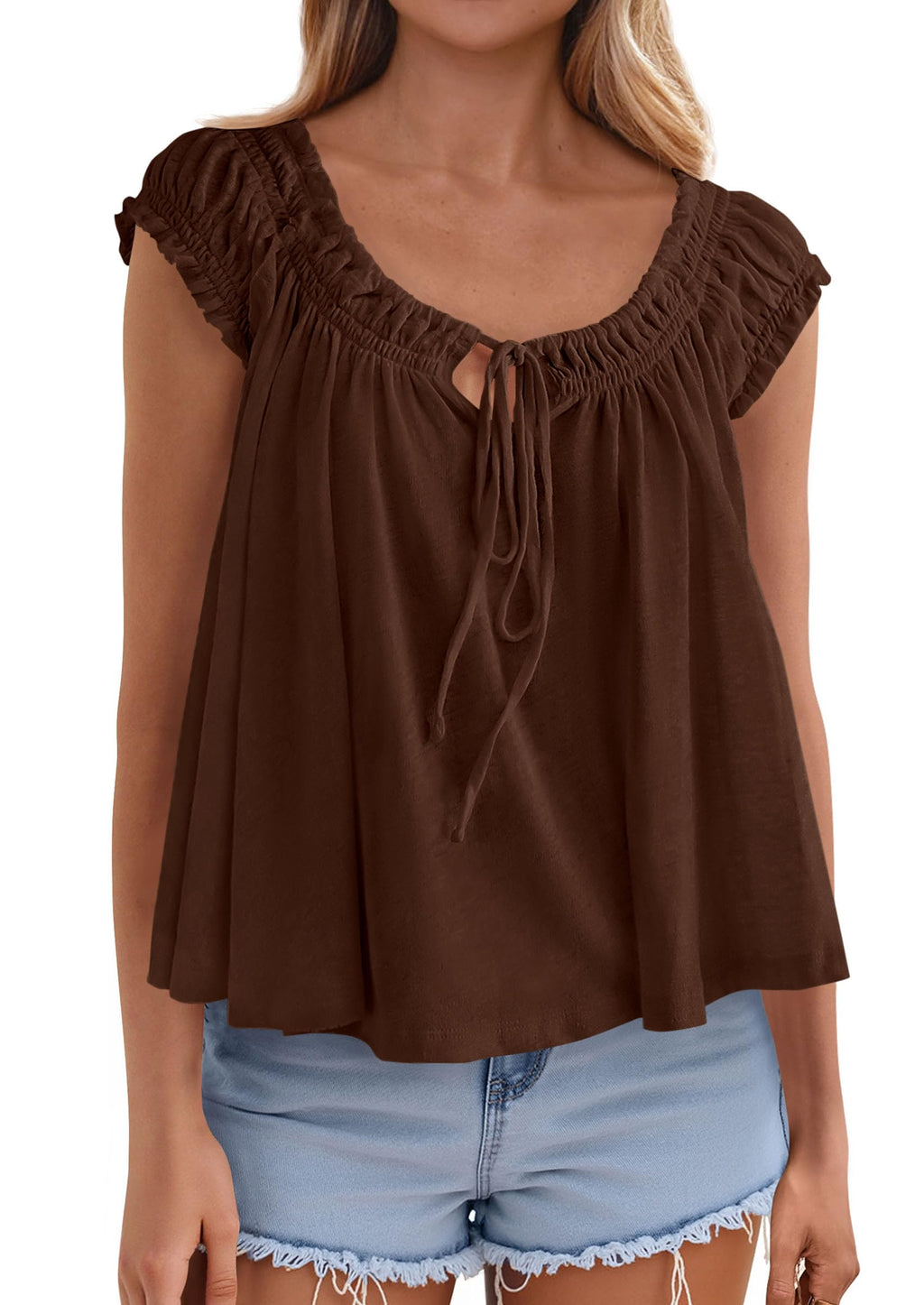 PRETTYGARDEN Women Babydoll Tops Summer Clothes Cap Sleeve Tie Front Flowy Tank Top Peplum Blouses Cute Going Out Shirts