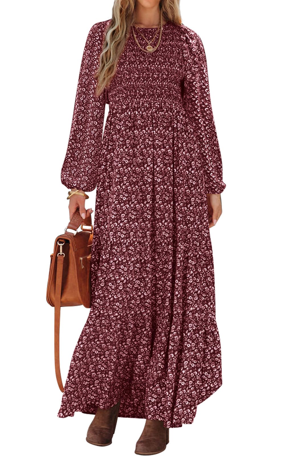 PRETTYGARDEN Women's Fall Dresses Long Sleeve Flowy Casual Floral Maxi Dress Crew Neck Smocked Tiered Long Dress