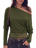 FreshPretty Womens Asymmetrical Off The Shoulder Tops Sexy Fall Outfits Shirts,Feminine Lace Long Sleeve Top,Casual Comfy Fitted Blouse,Trendy Y2K T-Shirt For Going Out Streetwear Fashion Clothing