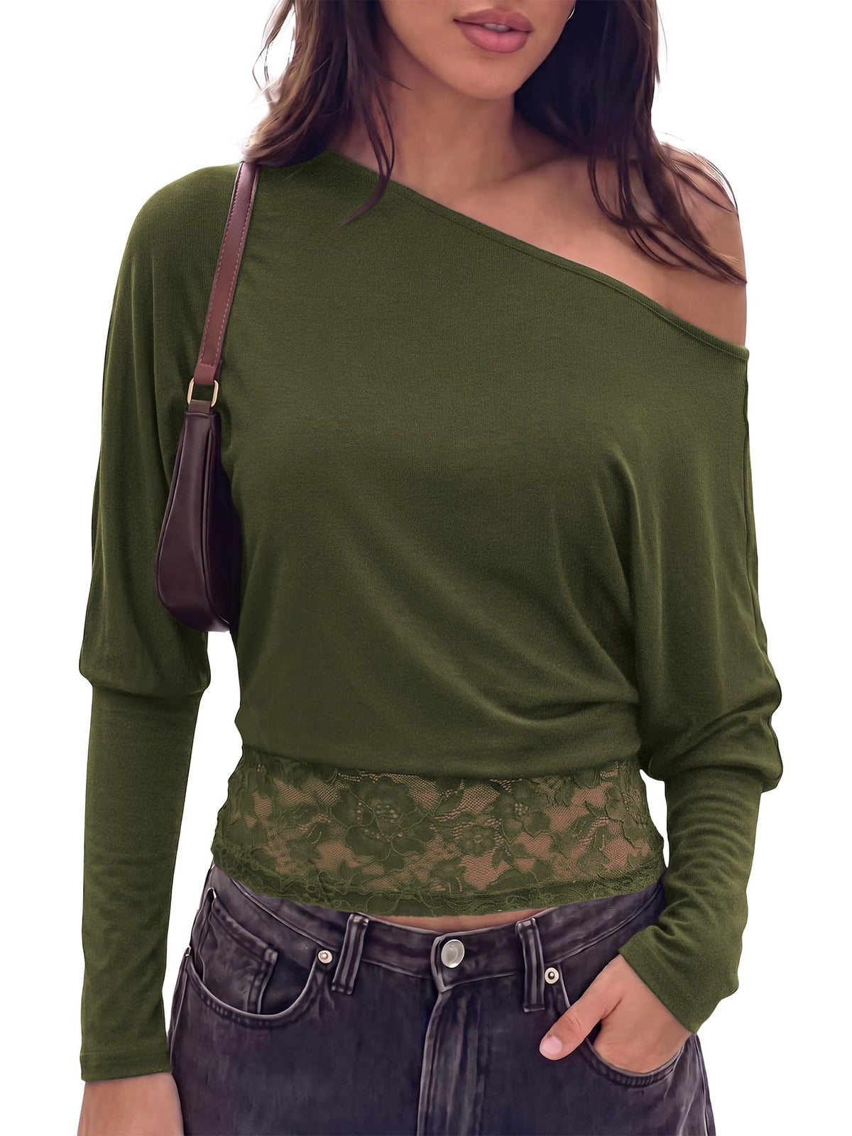 FreshPretty Womens Asymmetrical Off The Shoulder Tops Sexy Fall Outfits Shirts,Feminine Lace Long Sleeve Top,Casual Comfy Fitted Blouse,Trendy Y2K T-Shirt For Going Out Streetwear Fashion Clothing