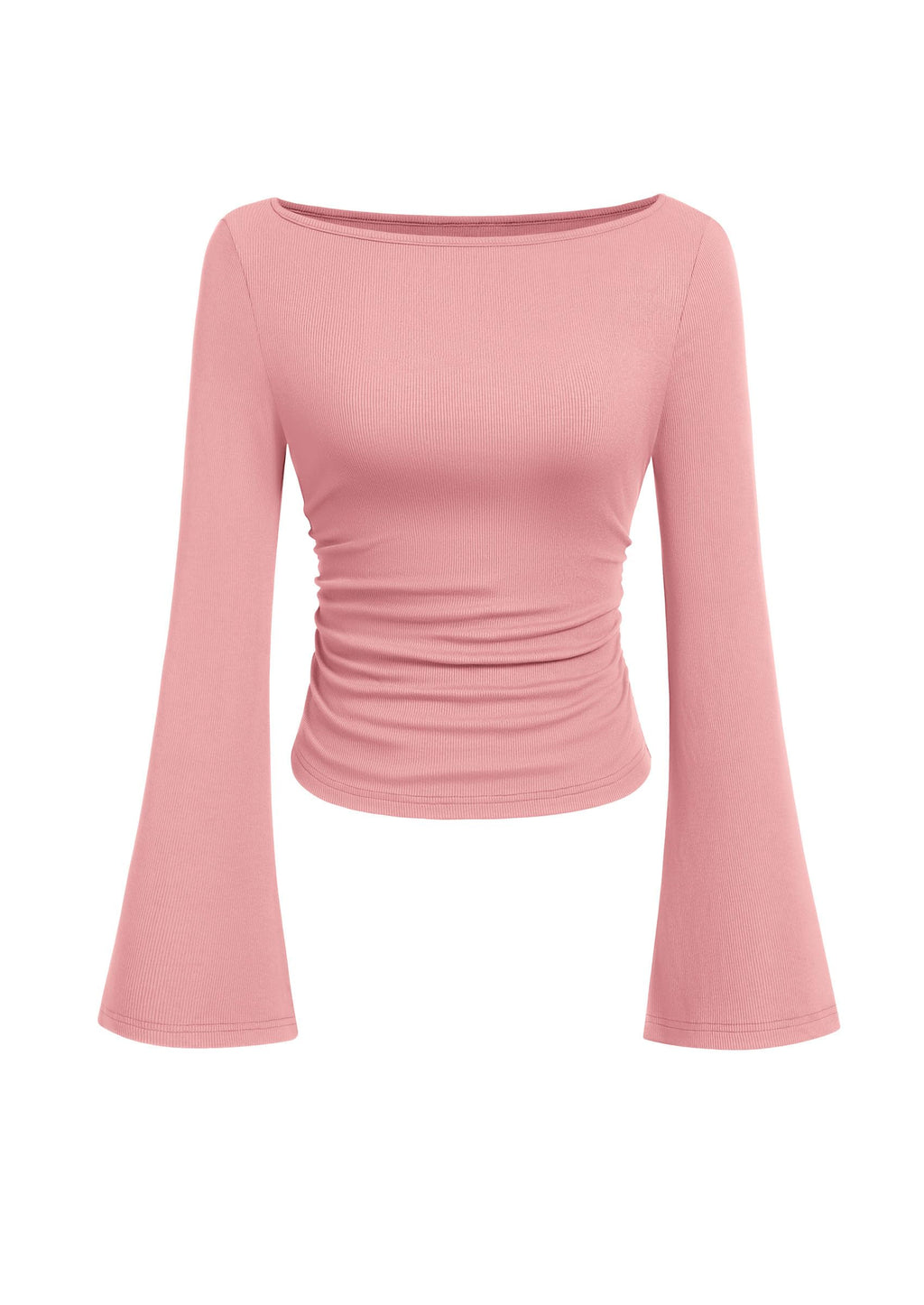 PRETTYGARDEN Women's Long Sleeve Shirts Fall Crop Going Out Tops Casual Boat Neck Bell Sleeve Ribbed Ruched Y2K Clothes