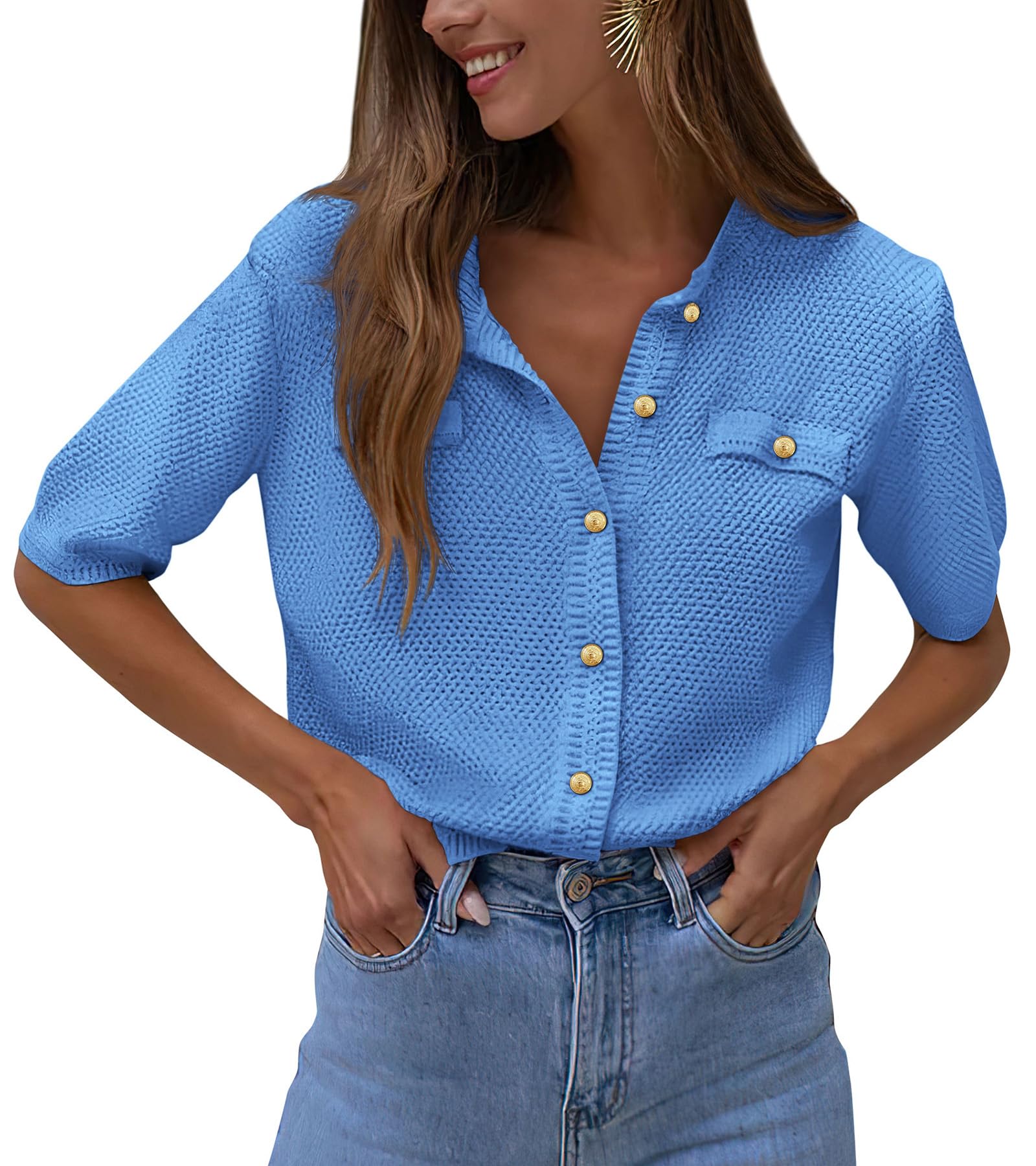PRETTYGARDEN Women's Summer Button Down Shirts Casual Short Sleeve Crew Neck Ribbed Knit Blouse Top Cardigans