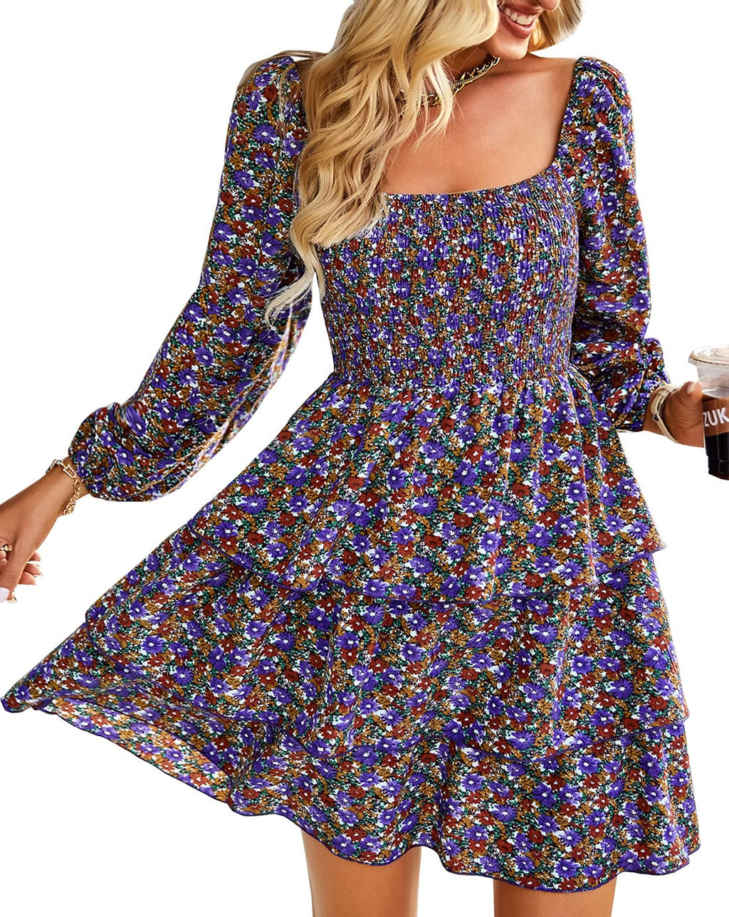 BTFBM Womens Long Sleeve Dress Summer Vacation Square Neck Smocked Floral Mini Boho Spring Wedding Guest Dresses
