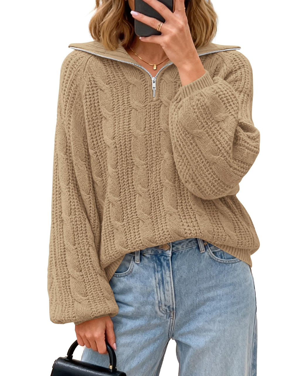 BTFBM Sweaters for Women Fall Fashion Loose Quarter Zip Pullover Collared Long Sleeve Cable Knit Winter Clothes