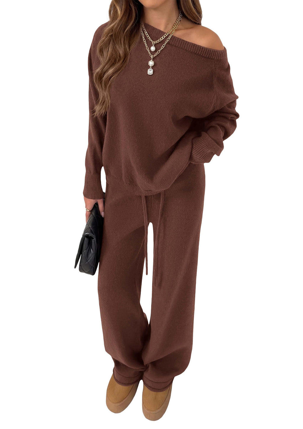 PRETTYGARDEN Lounge Sets Womens Sweaters Two Piece Outfits Cozy Boat Neck Long Sleeve Tops, Wide Leg Pants with Drawstring, Casual Fall Fashion Airport & Travel, Knit Matching Set