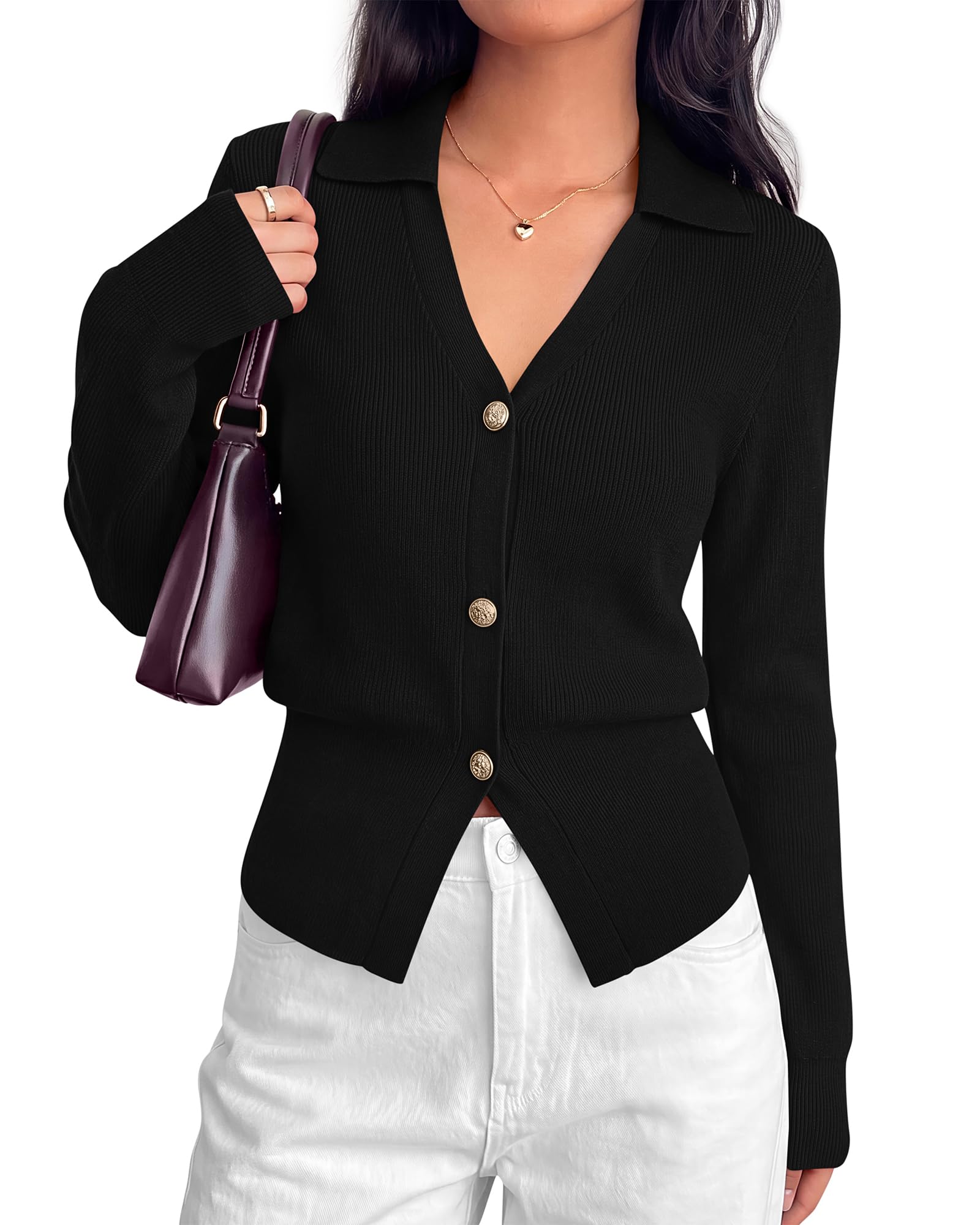 BTFBM Women Long Sleeve Lightweight Cardigans Knitted Button Down Shirts Lapel V Neck, Cropped Sweaters, Slim Fit, Ribbed, Y2K Going Out Tops, Business Casual Outfits, Spring, Fall, Winter Layering