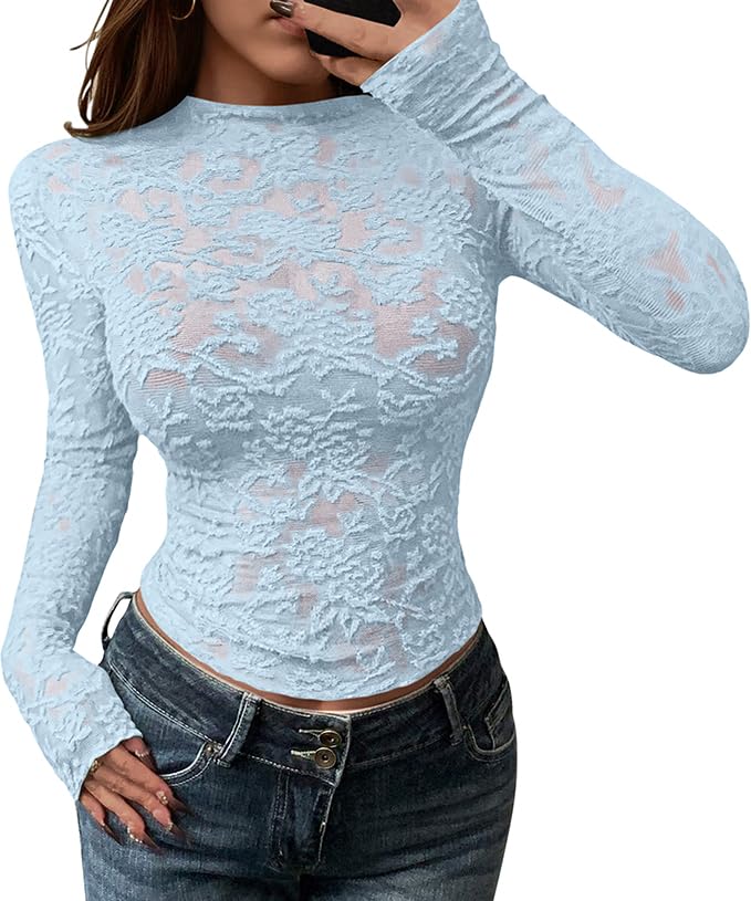 BTFBM Mesh Long Sleeve Tops for Women Lace Sheer Tight See Through Crew Neck Spring Fall Party Club Outfits
