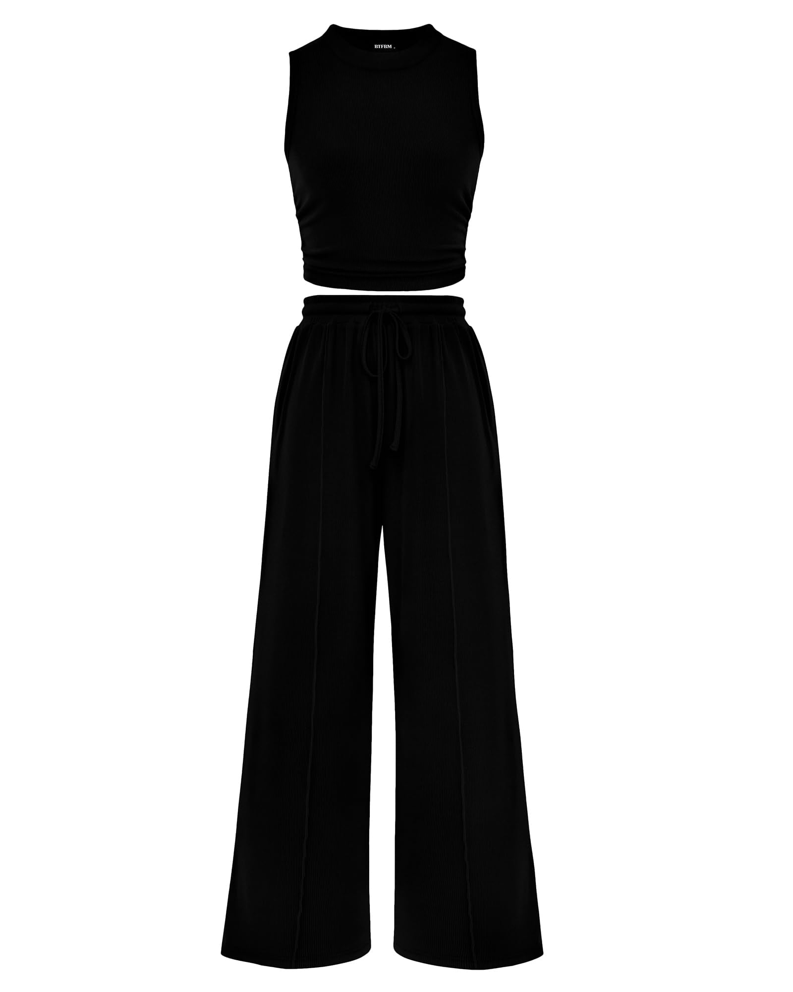 FreshPretty Women Summer 2 Piece Outfits Beach Crew Neck Sleeveless Cropped Top Elastic Waist Wide Leg Pants Lounge Set