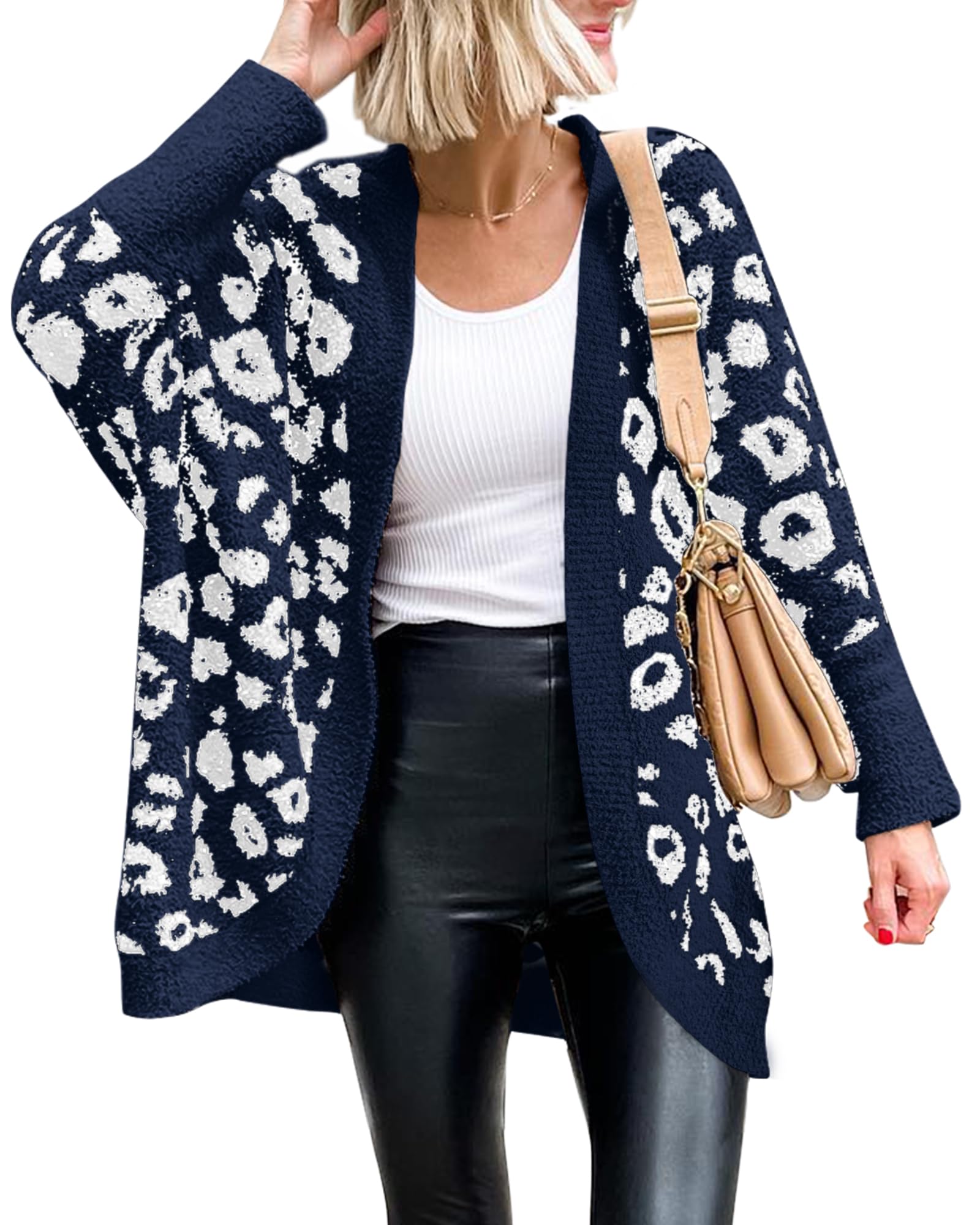FreshPretty Leopard Cardigan for Women Long Sleeve Open Front Cardigans Sweaters Pockets Loose Knit Fall Winter Outwear