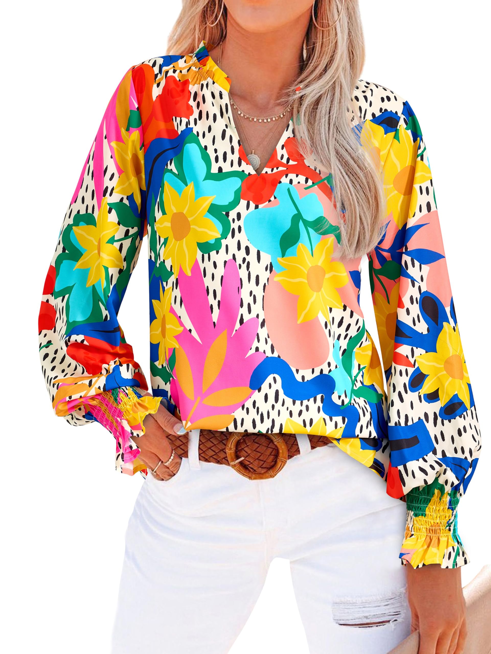 FreshPretty Womens V Neck Floral Long Sleeve Tops Summer Casual Loose Puff Sleeve Chiffon Boho Work Blouse Dressy T Shirts