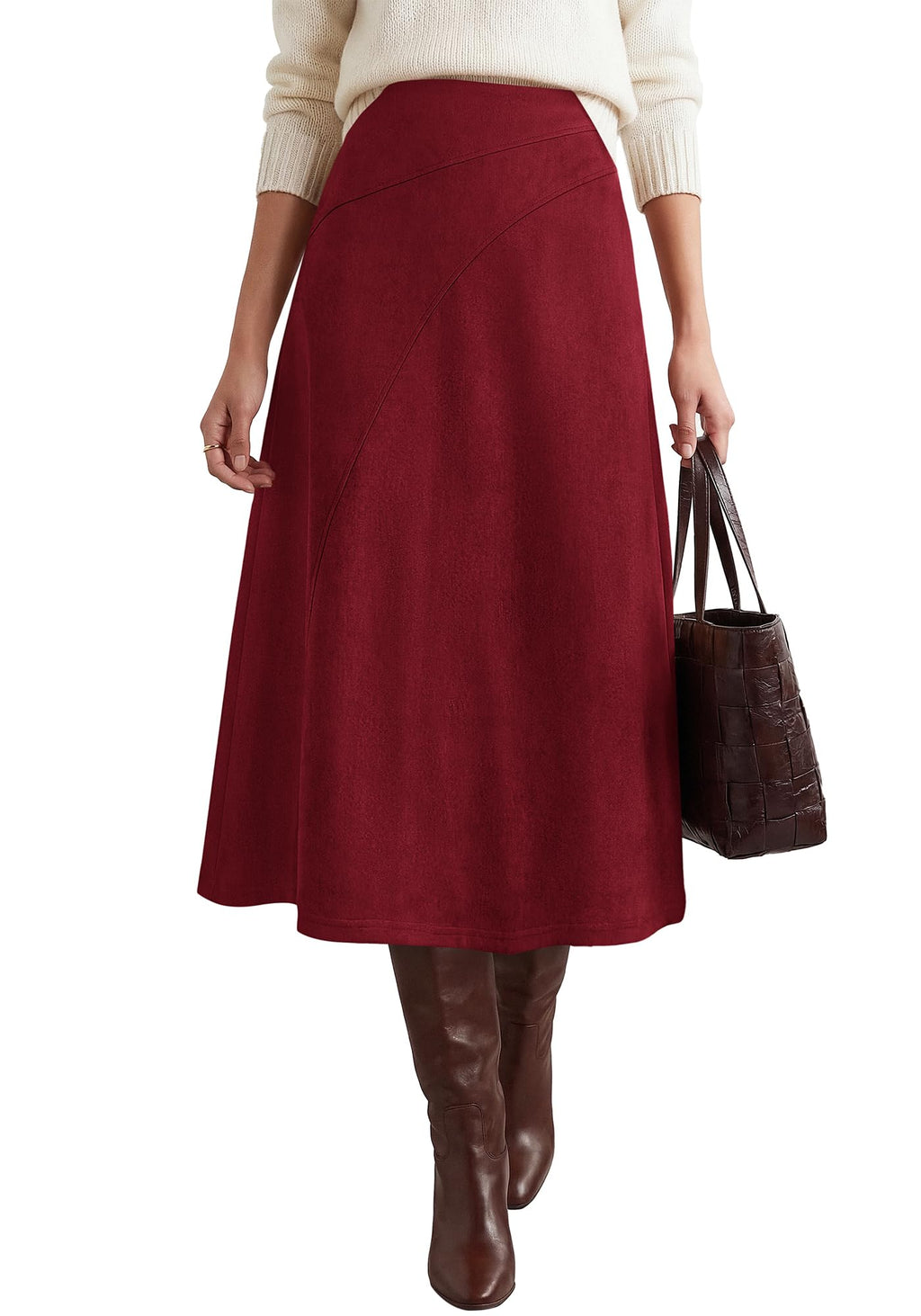BTFBM Women Faux Suede Midi Long Skirt Fall Fashion | High Waisted Skirts For Women Trendy, Lightweight, Back Elastic, Arc Line Design, A-Line, Winter Dress, Boho Western Outfits