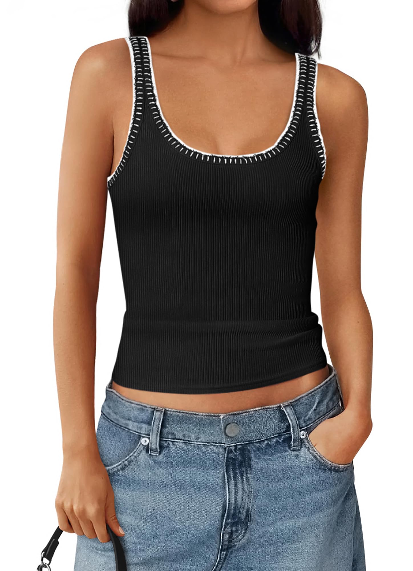 FreshPretty Sleeveless Tops for Women Summer Scoop Neck Tank Stitch Ribbed Knit Sweater Vest Casual Beach Vacation Outfit