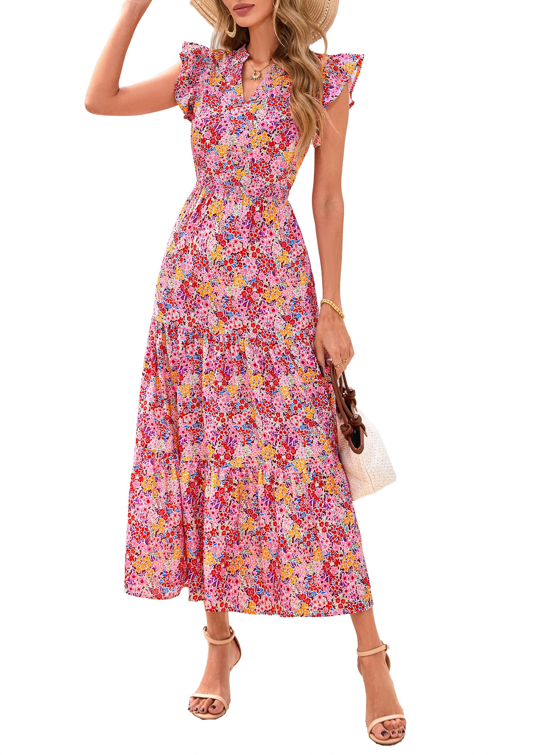 Visit the PRETTYGARDEN Store PRETTYGARDEN Women's Summer Floral Midi Dress Cap Sleeve V Neck Ruffle Long Flowy Boho Casual Beach Vacation Dresses